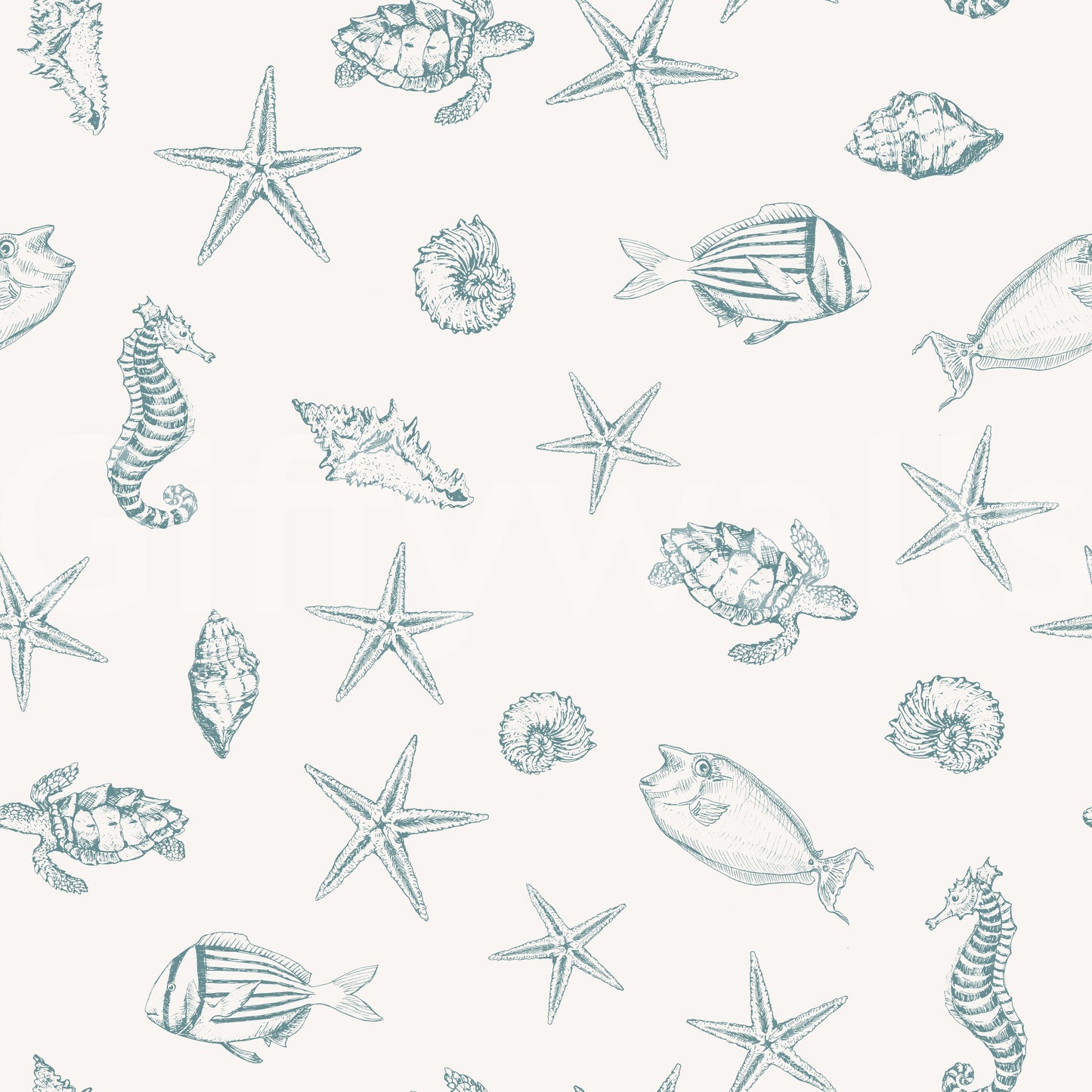 Oceanic Sketch Marine Life Pattern Wallpaper