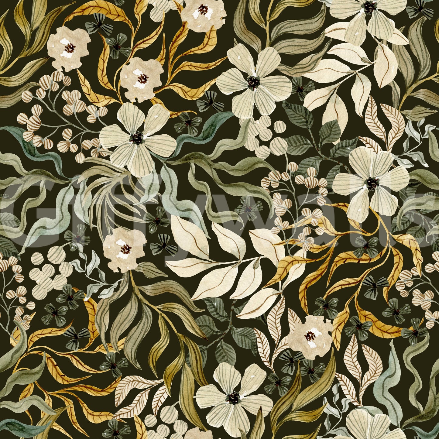 Rustic Cream and Sage Leaf Illustration Wallpaper