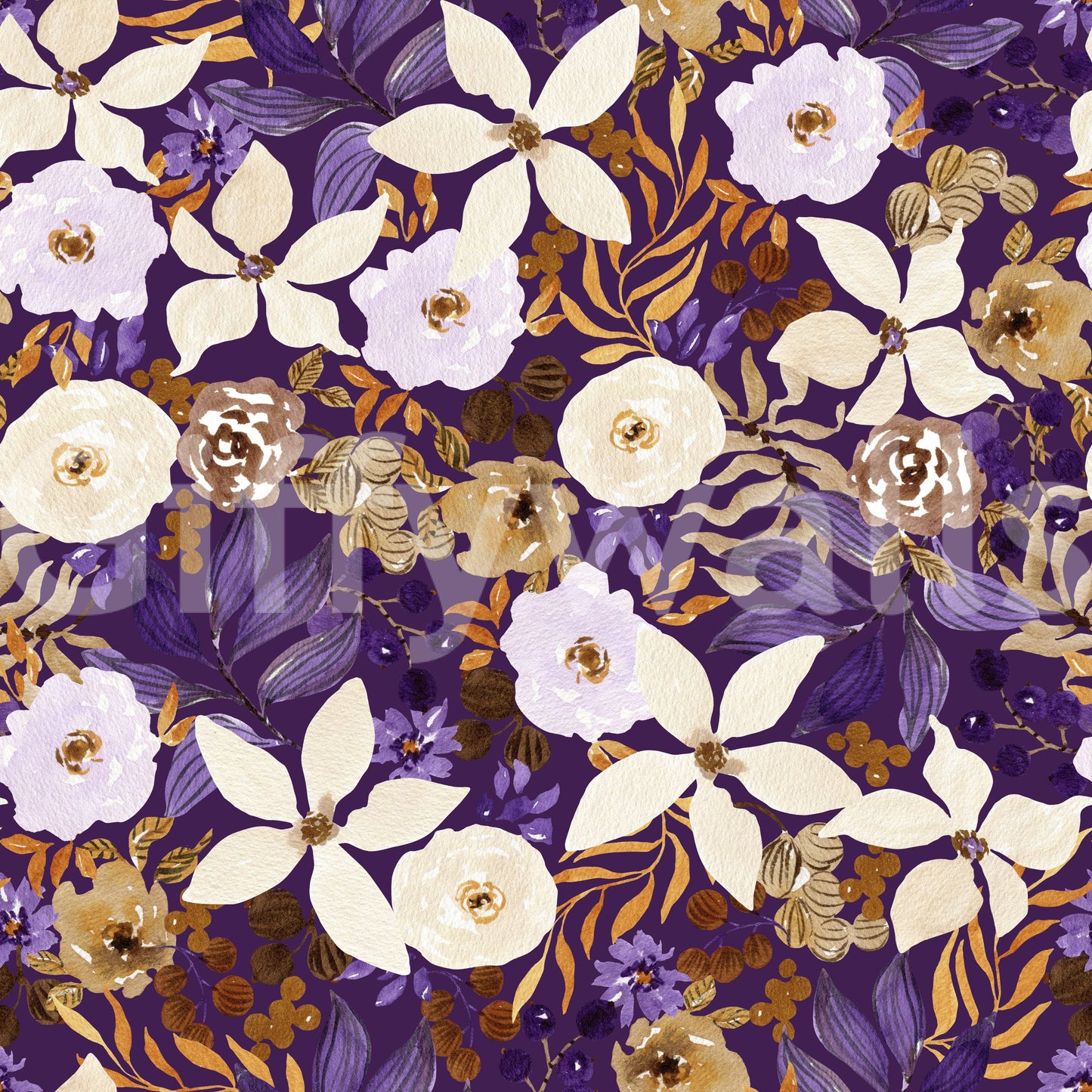 Rustic Cream and Purple Floral Repeat Wallpaper