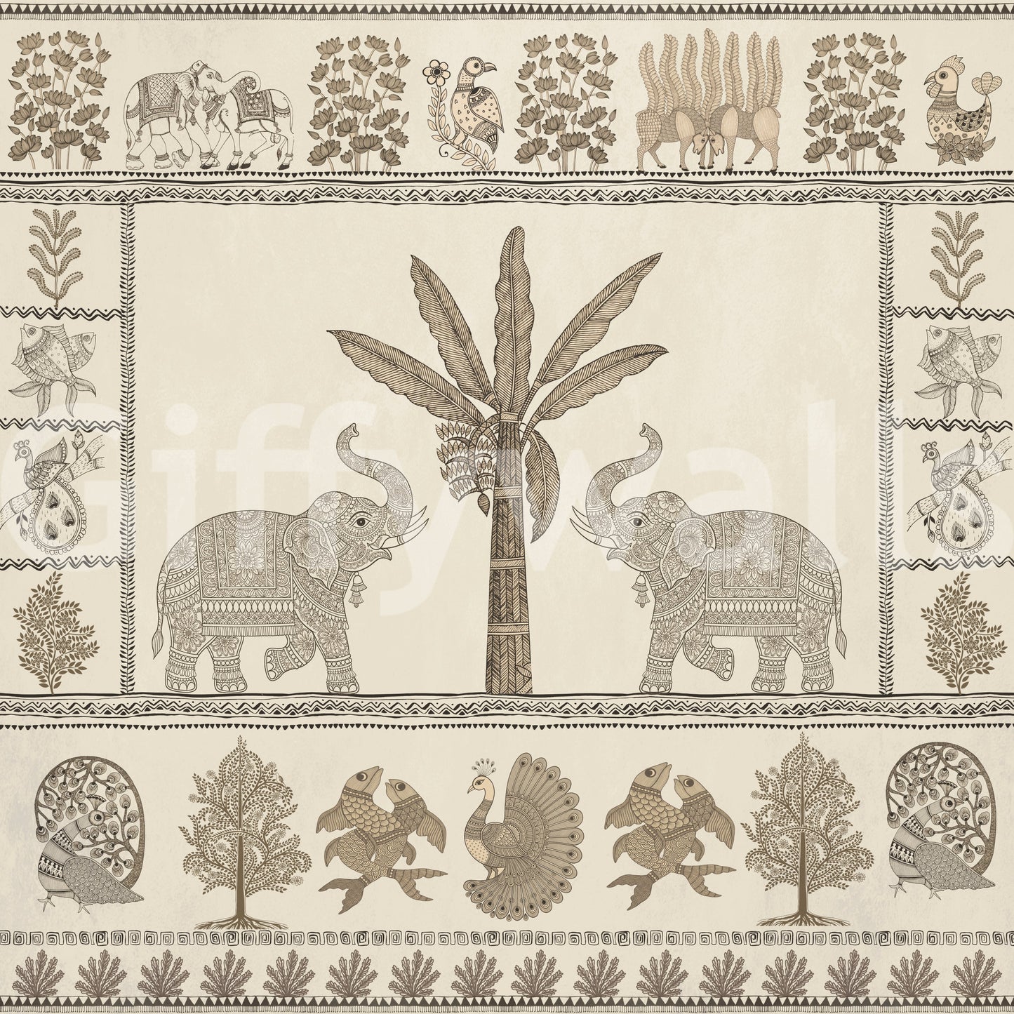 Indian Heritage Elephant and Tree Scene Wall Mural