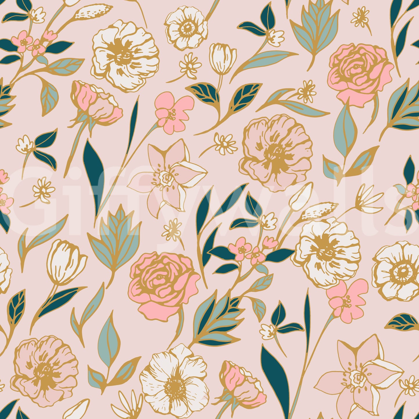 Soft Blush Botanical Garden Illustration Wallpaper