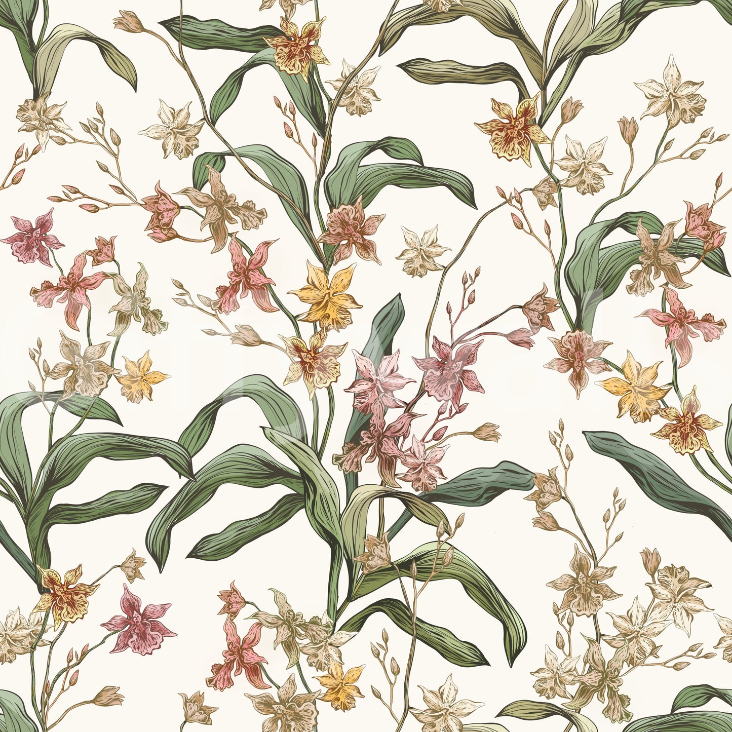 Vintage Botanical Orchid Trail Wallpaper