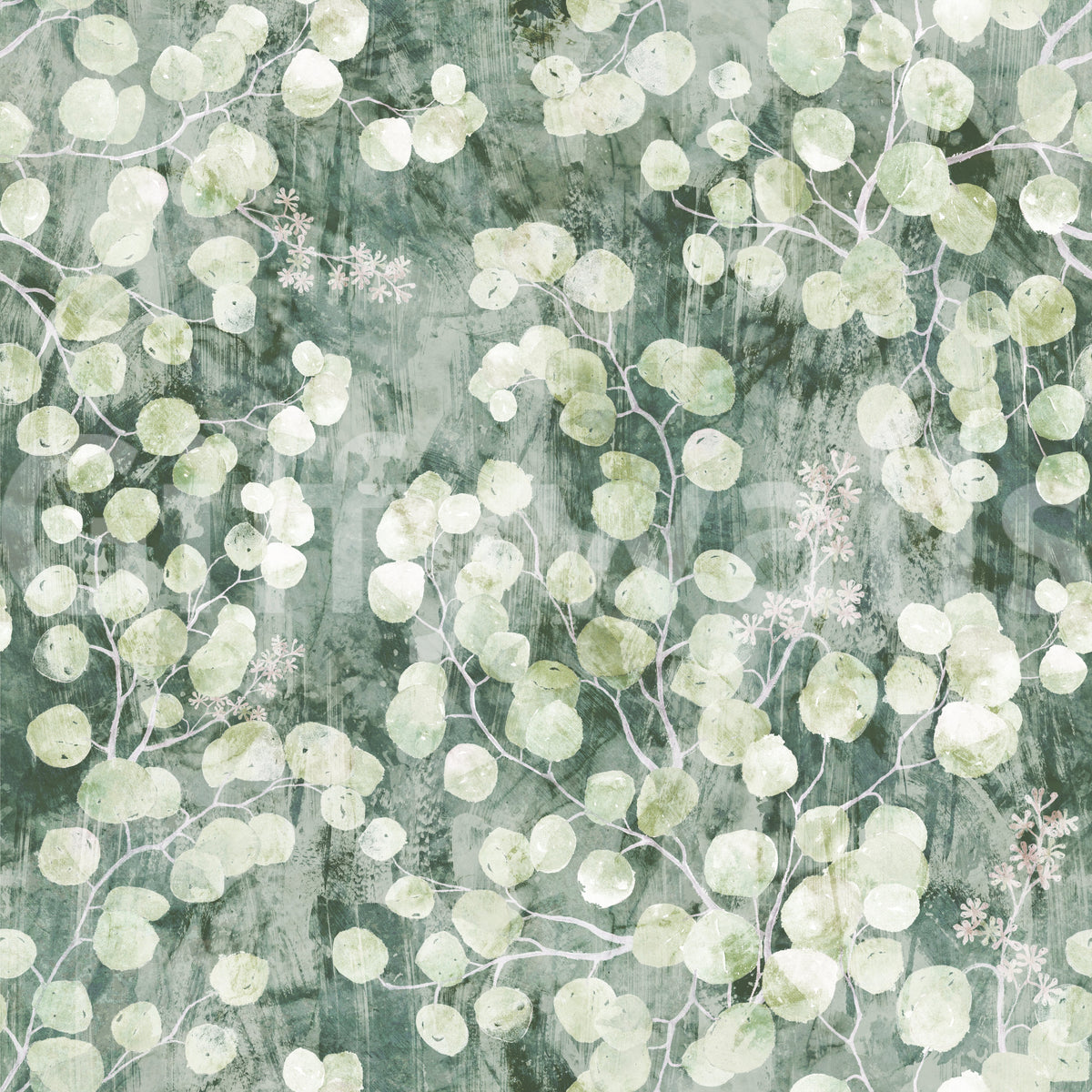Flat swatch of soft green eucalyptus brushstroke wallpaper with round watercolour leaves GD12324