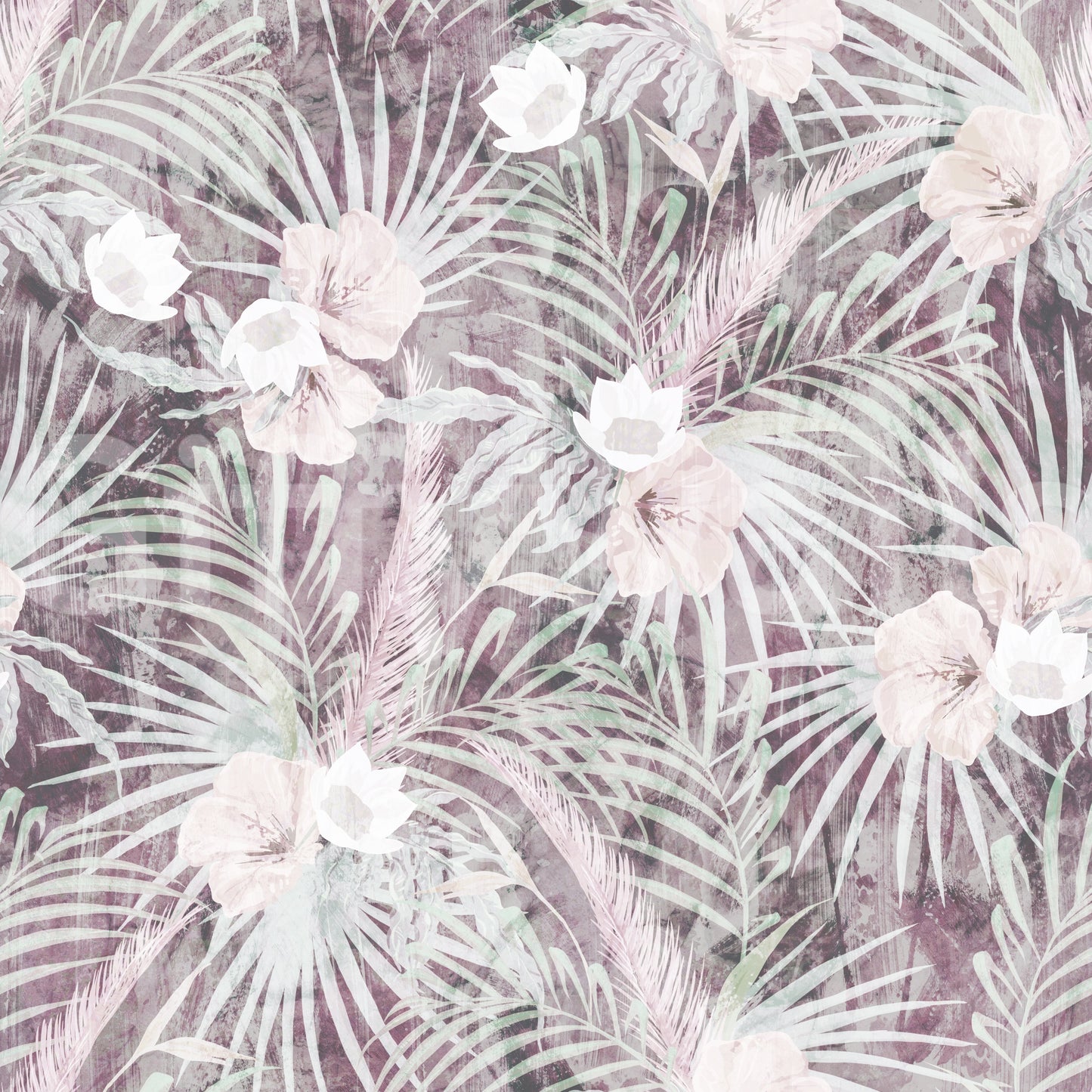 Muted Tropical Palm and Floral Drift Wallpaper