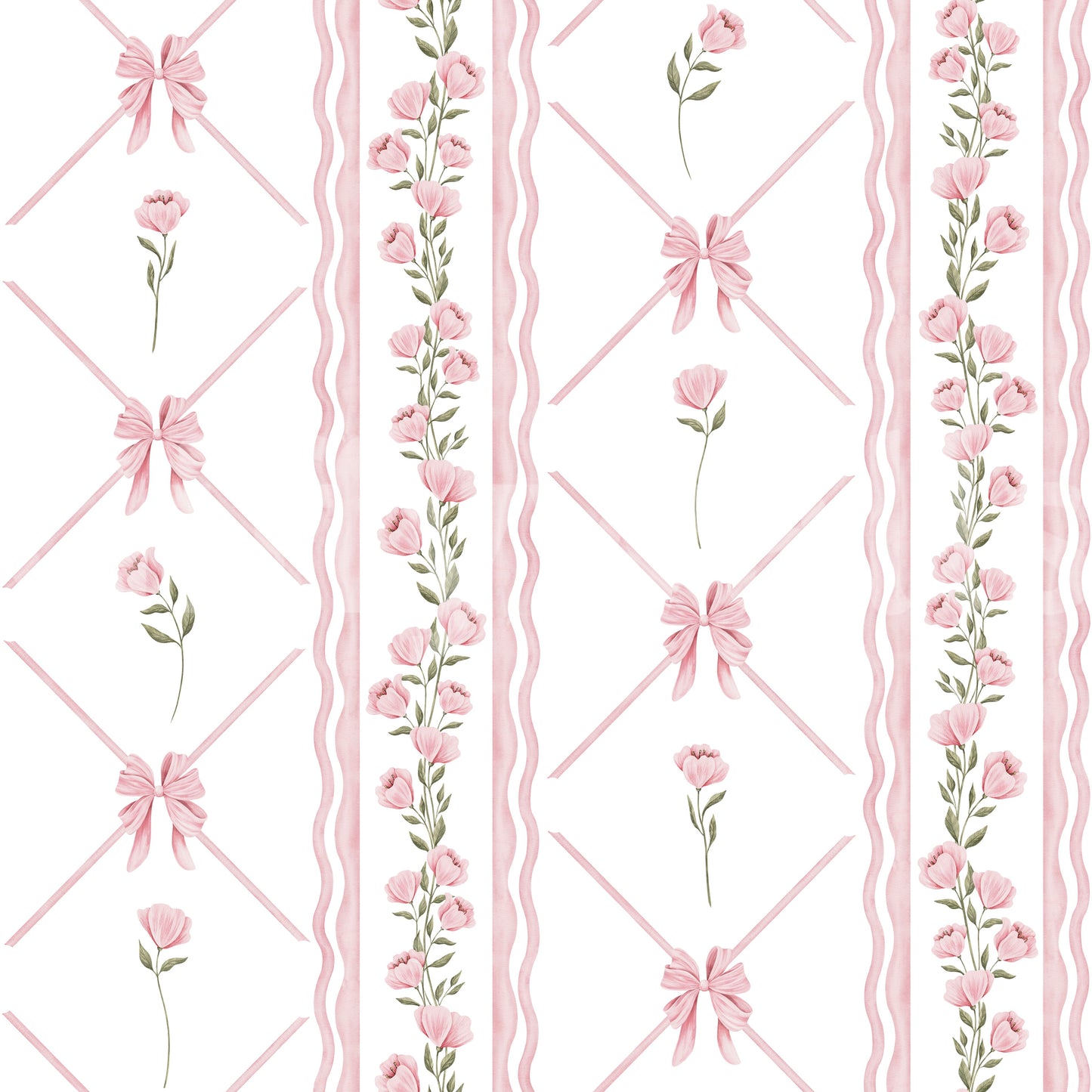Soft Pink Ribbon and Floral Trellis Wallpaper