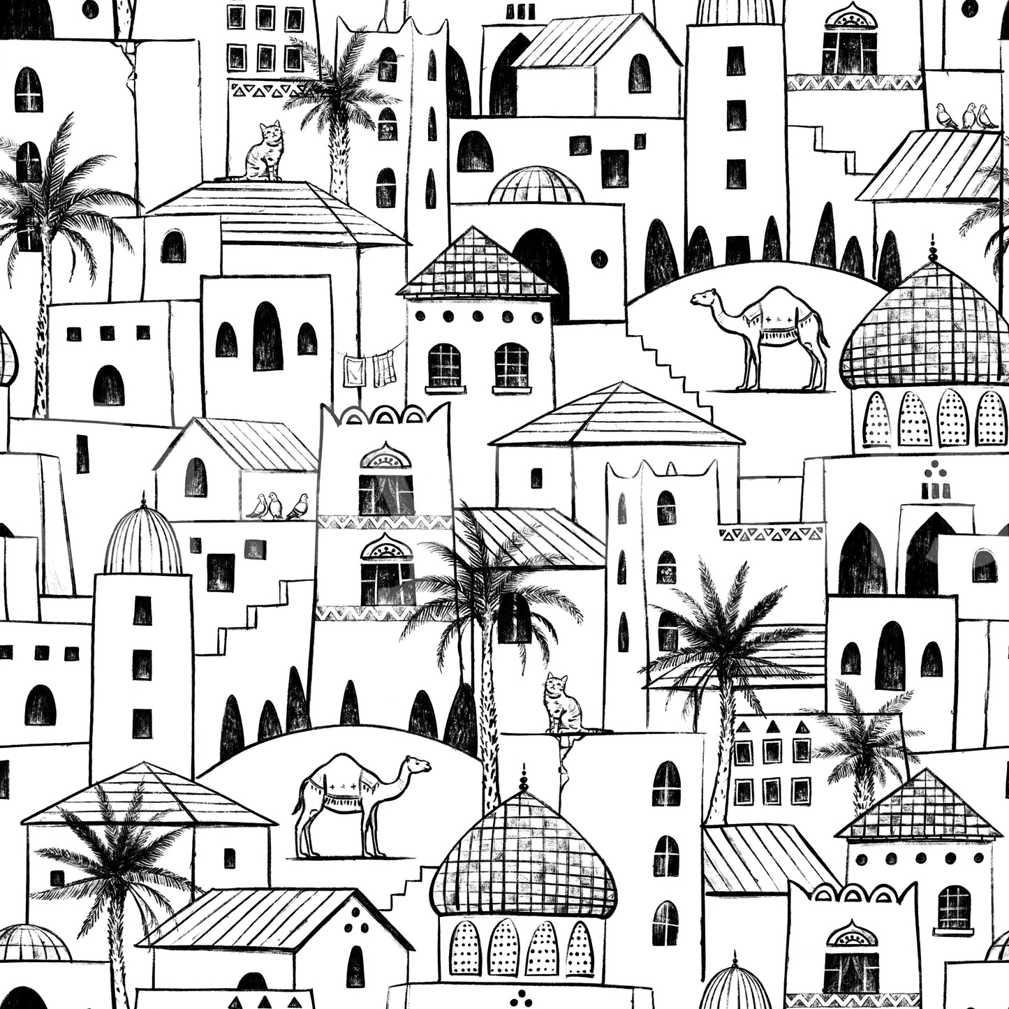 Middle Eastern Desert Town Sketch Wallpaper