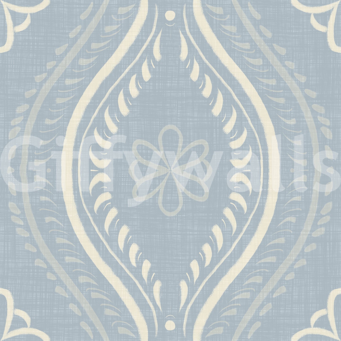 Faded Ogee Damask - French Country Blue Wallpaper