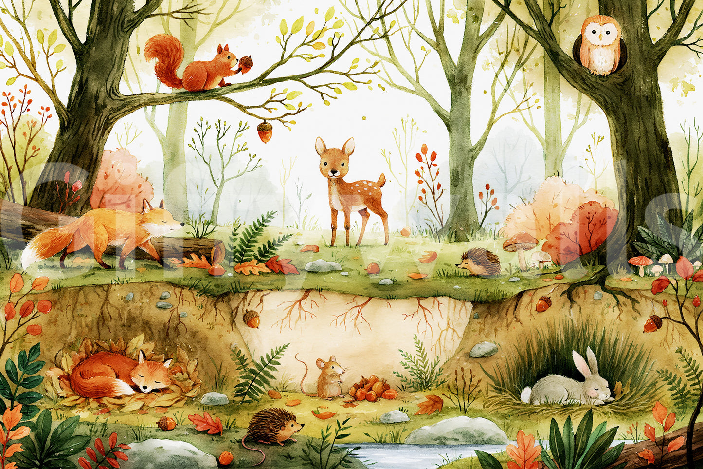 Enchanted Woodland Friends Illustration Wall Mural