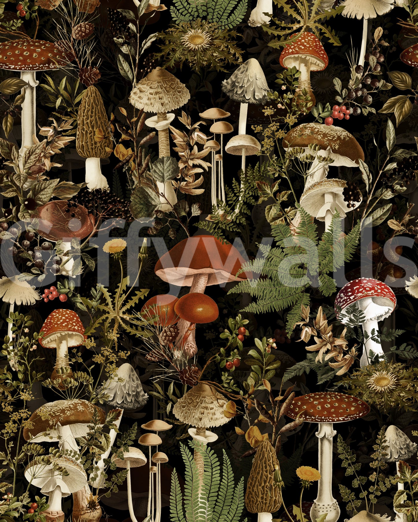 Midnight Forest Mushroom Botanical Wallpaper