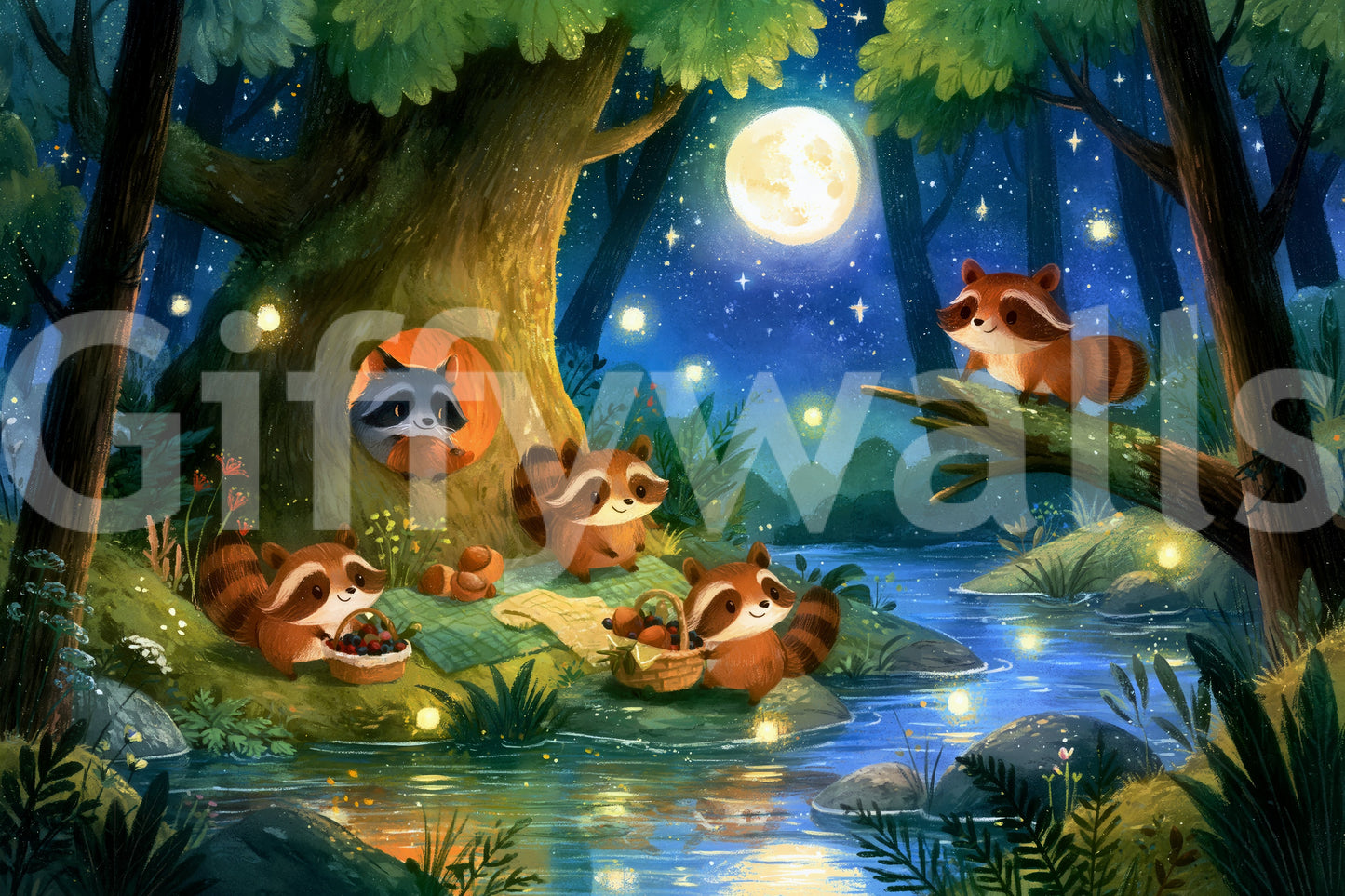 Moonlit Raccoon Forest Picnic Wall Mural