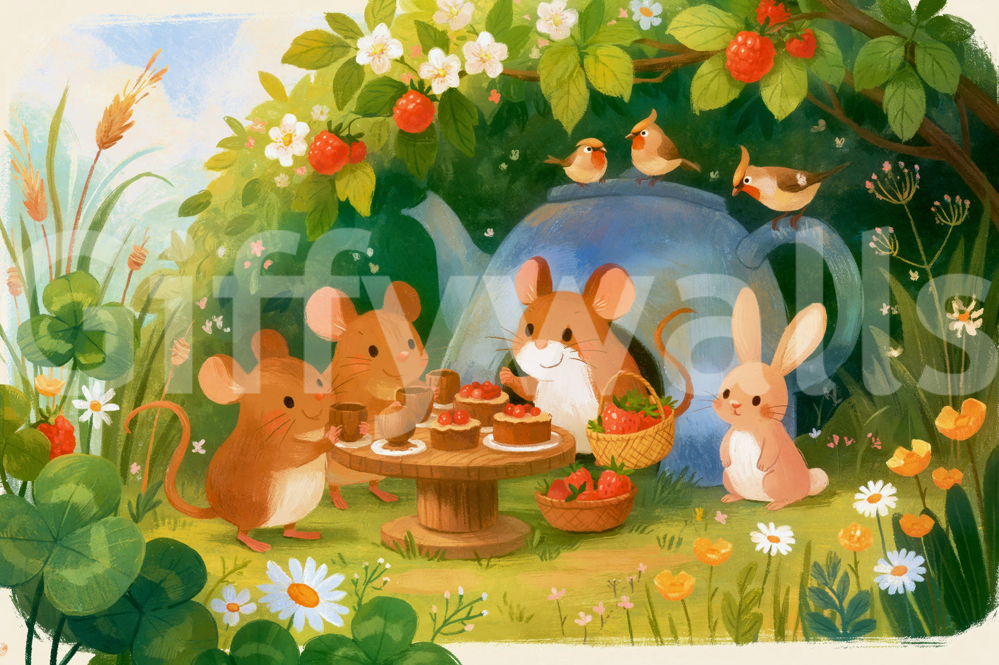 Woodland Mouse Tea Party Illustration Wall Mural