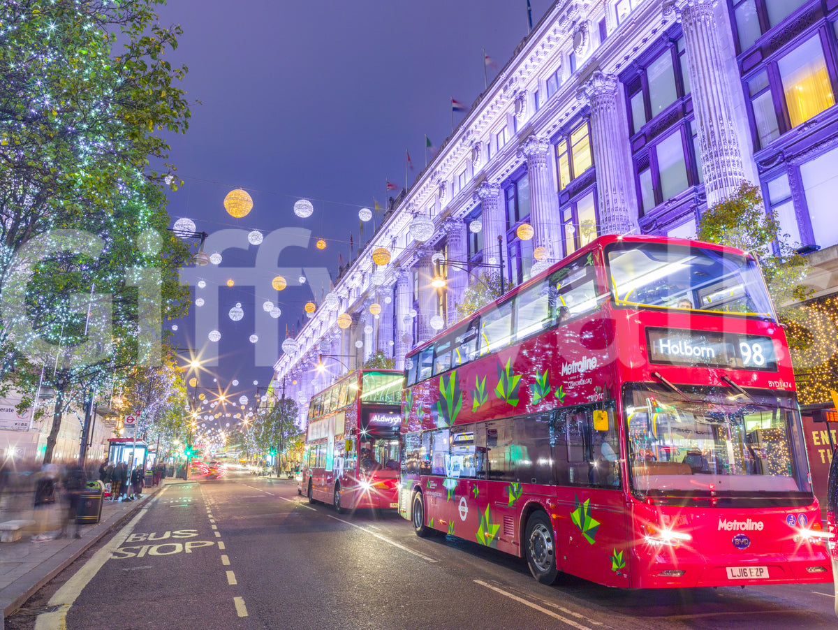 Festive Oxford Street mural with a red double-decker bus and gold lights GD13045