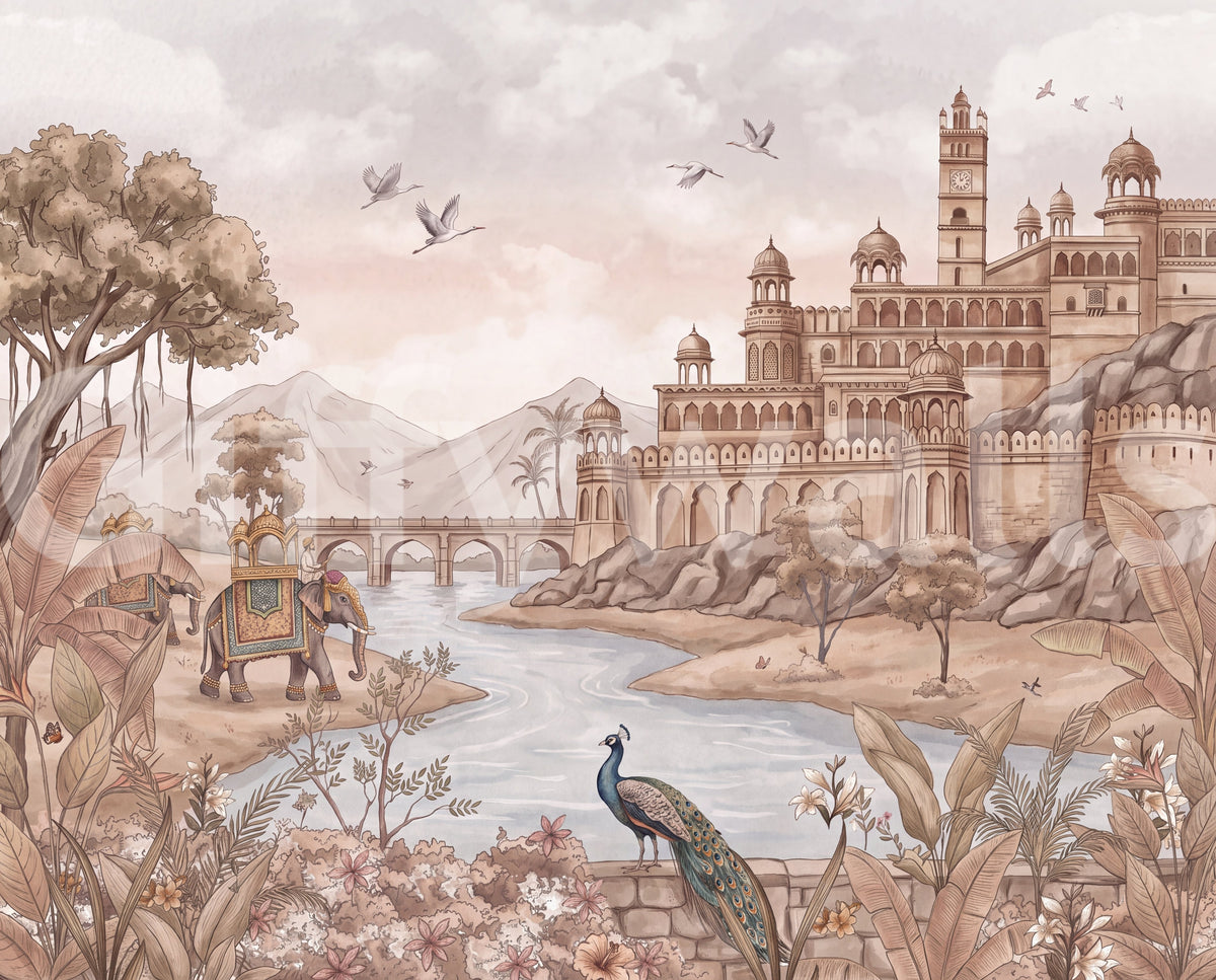 Full sepia palace mural with fort, river bridge, elephant and a perched peacock GD13107