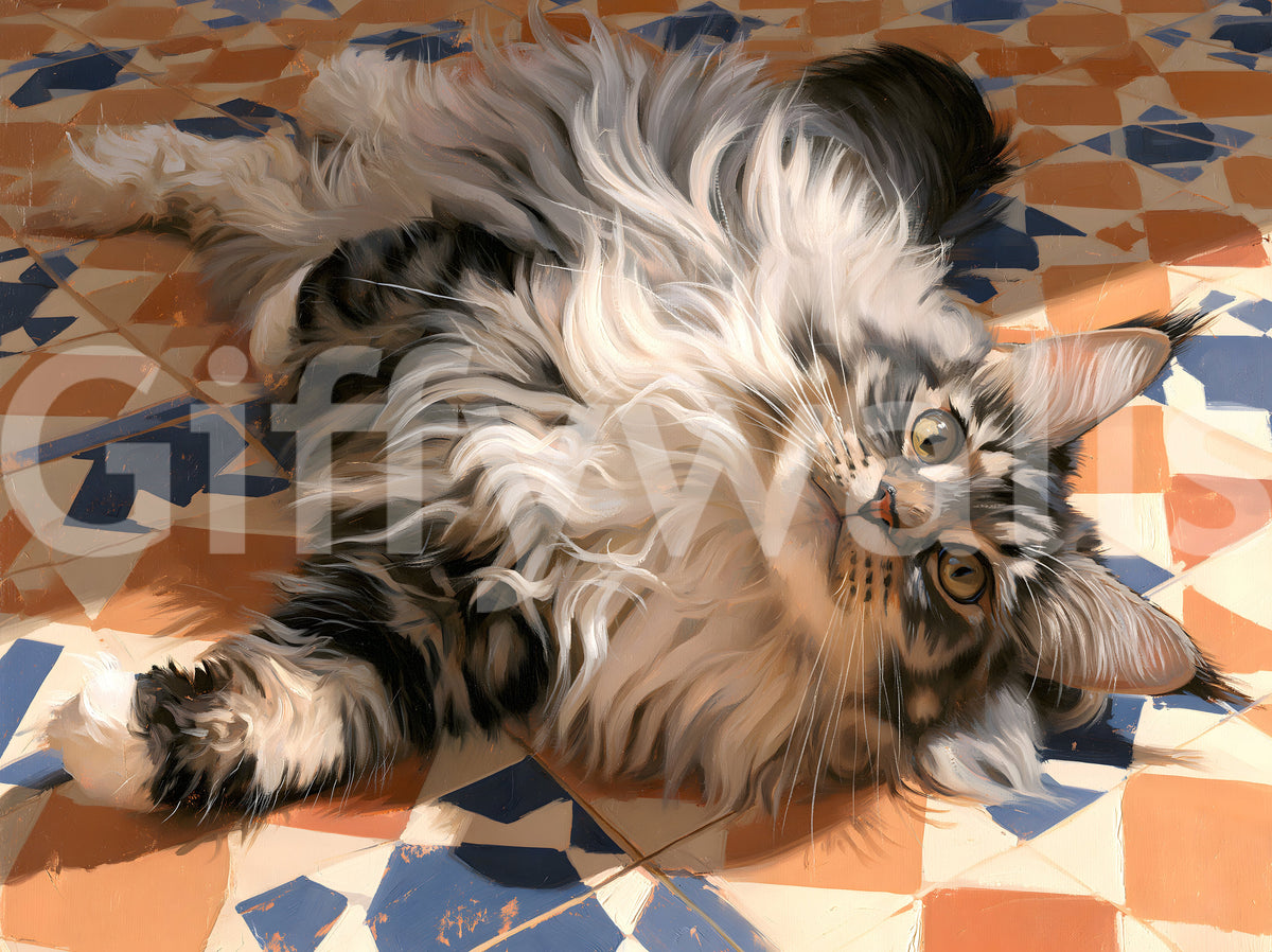 Resting Fluffy Tabby on Mediterranean Tiles Wall Mural