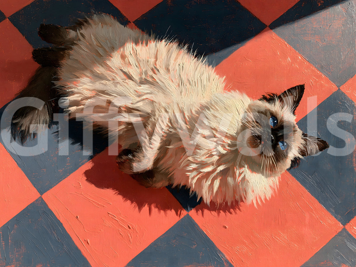 Sunlit Ragdoll on Checkered Tile Wall Mural