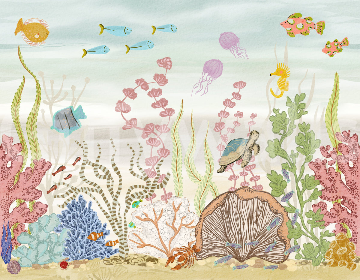 Whimsical Underwater Coral Reef Scene Wall Mural
