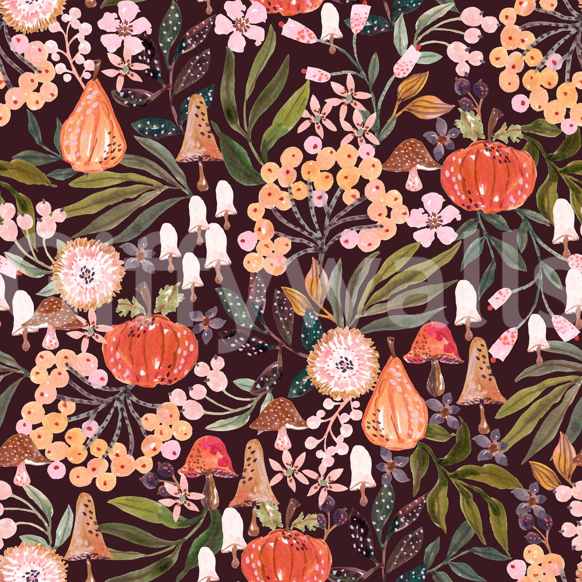Autumn Harvest Botanical Pattern Wallpaper