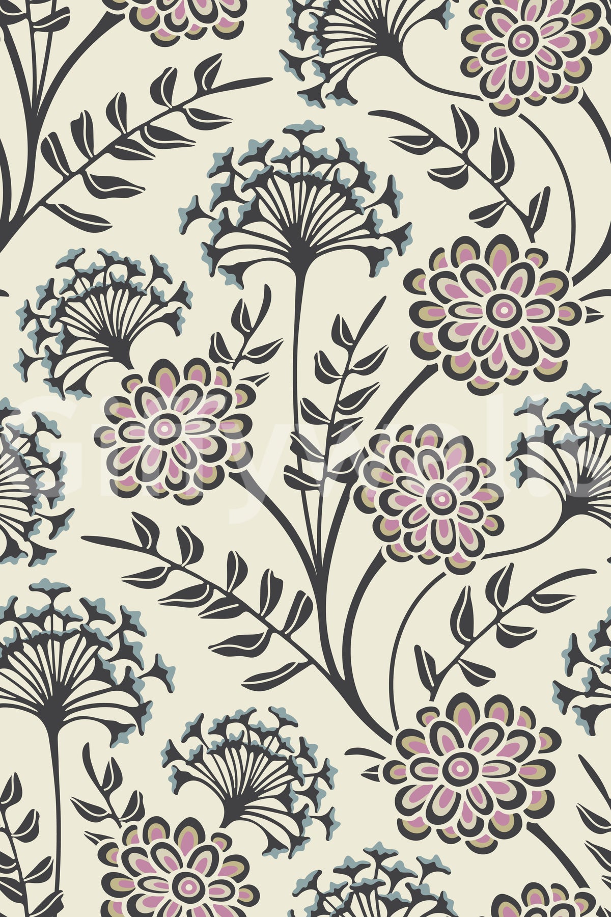 Danube Retro Vintage Floral Zinnia Cow Parsley in Charcoal Ecru Wallpaper