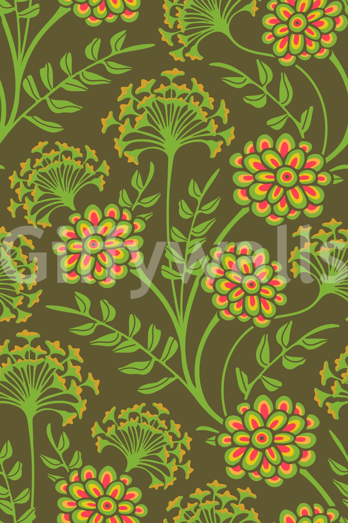 Danube Retro Vintage Floral Zinnia Cow Parsley in Yellow Moss Green Wallpaper
