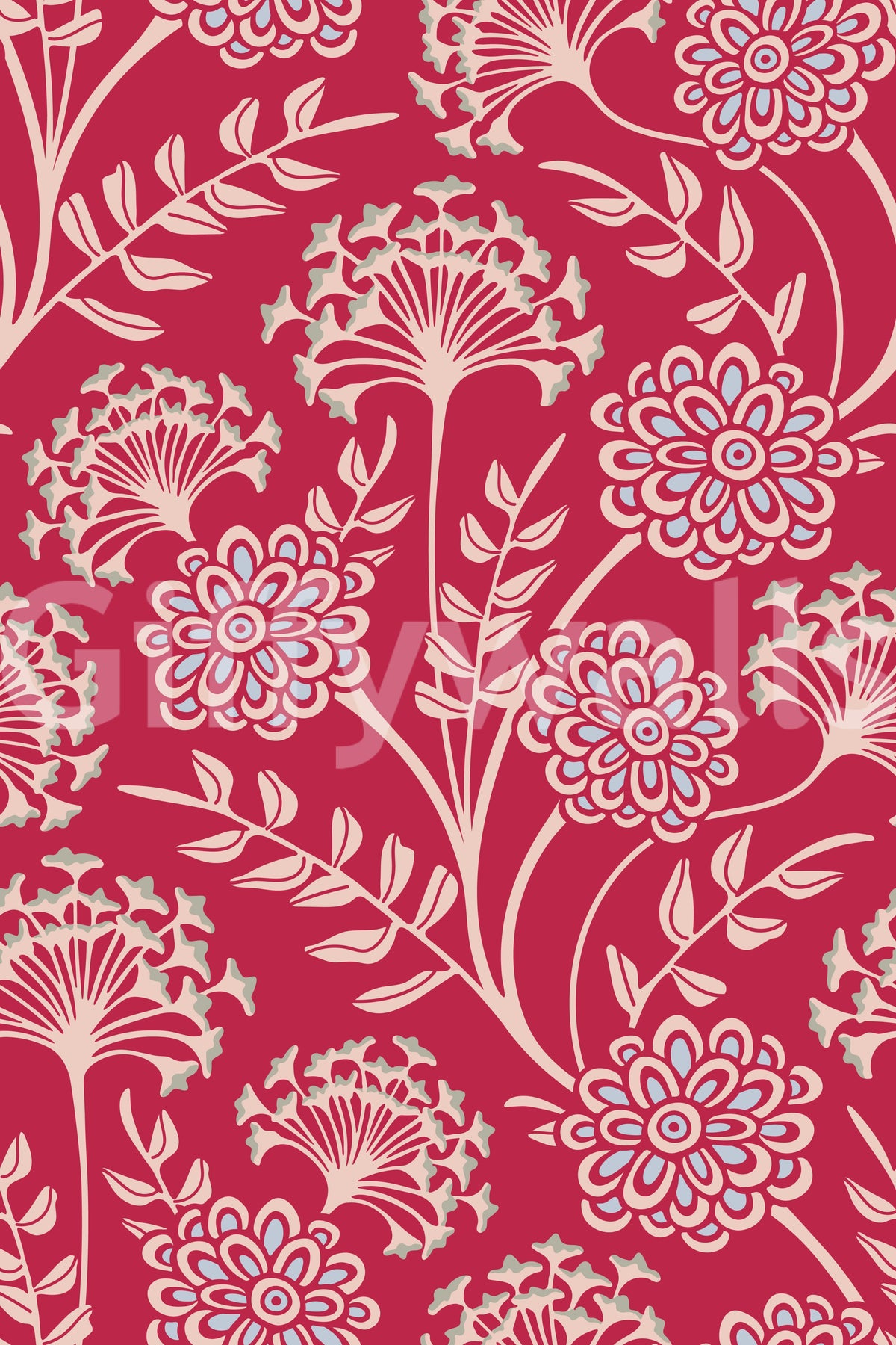 Danube Retro Vintage Floral Zinnia Cow Parsley in Viva Magenta Red Wallpaper