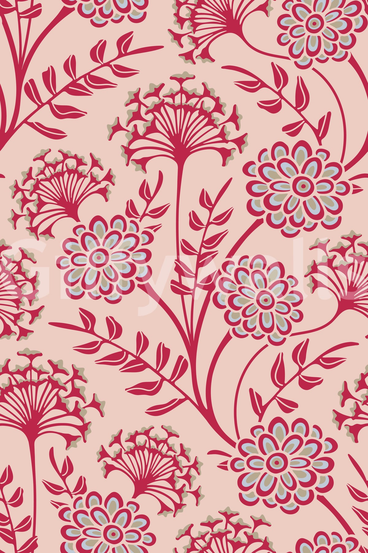 Danube Retro Vintage Floral Zinnia Cow Parsley in Viva Magenta Red Warm Sand Wallpaper