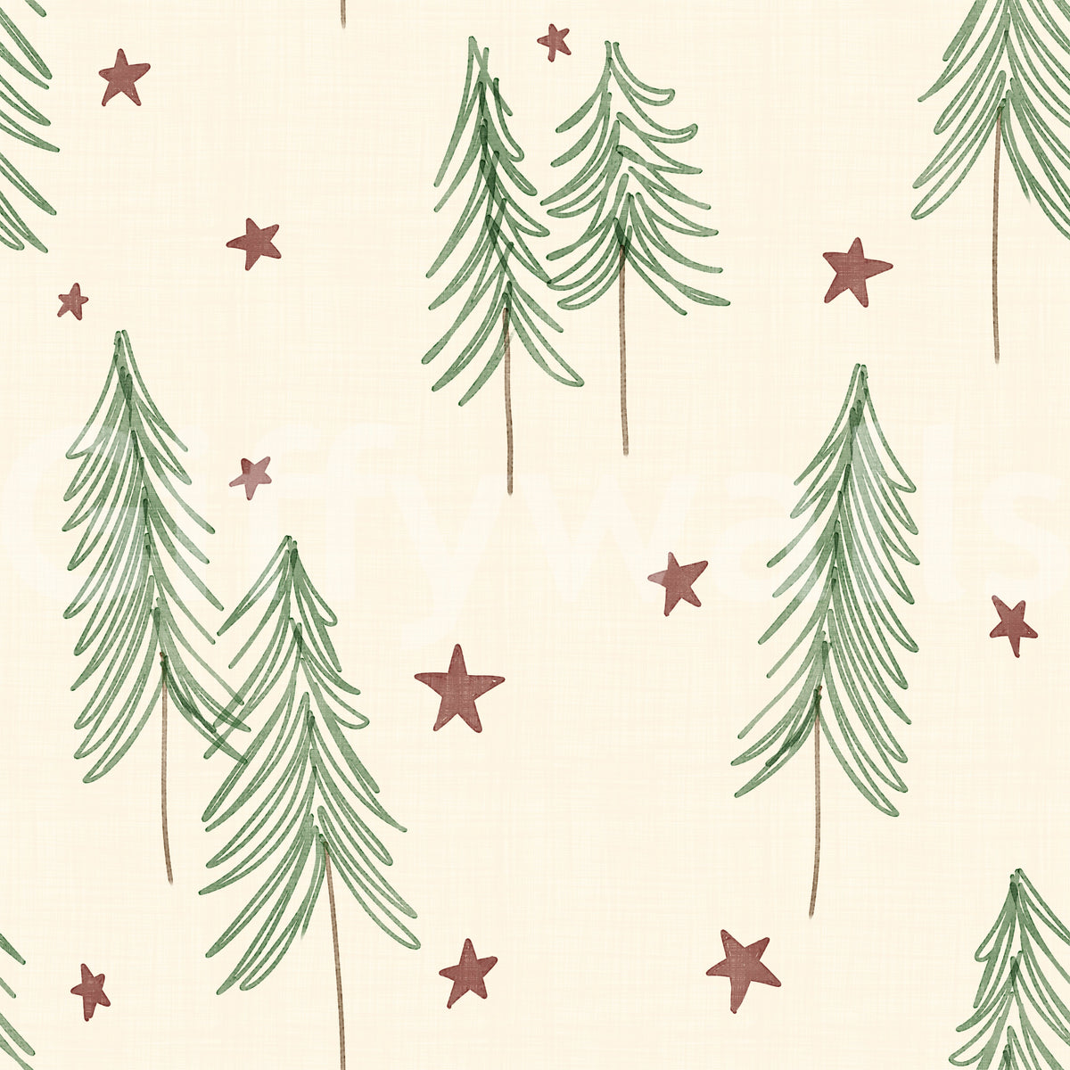 Woodland Pine Trees and Stars Winter Pattern - Green Red Wallpaper