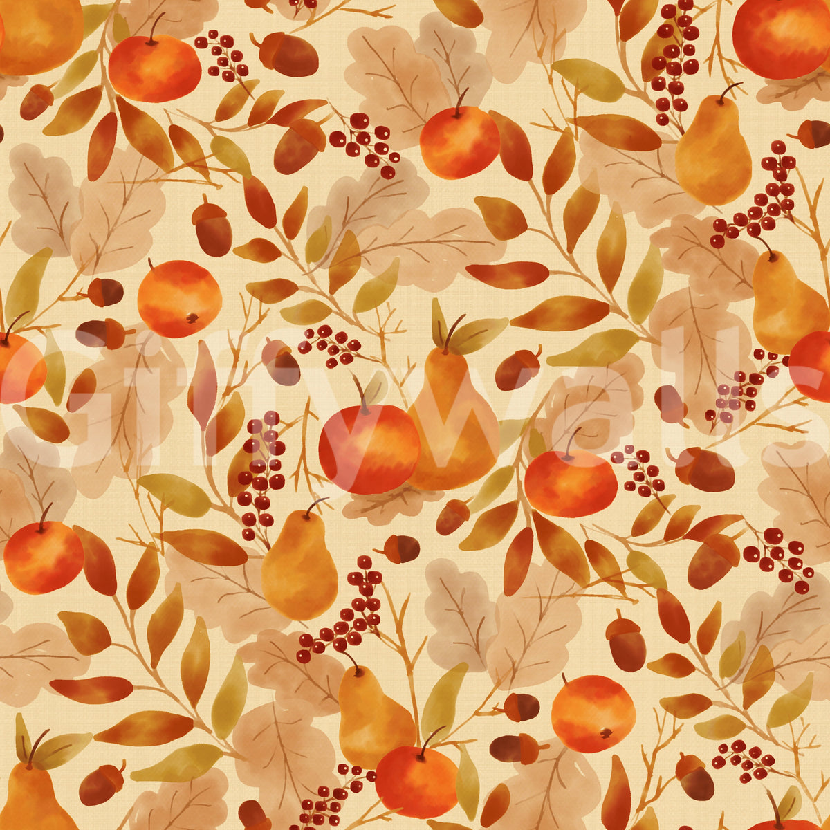 Watercolor Autumn Fruit Leaves Cream Background Harvest Pattern Wallpaper