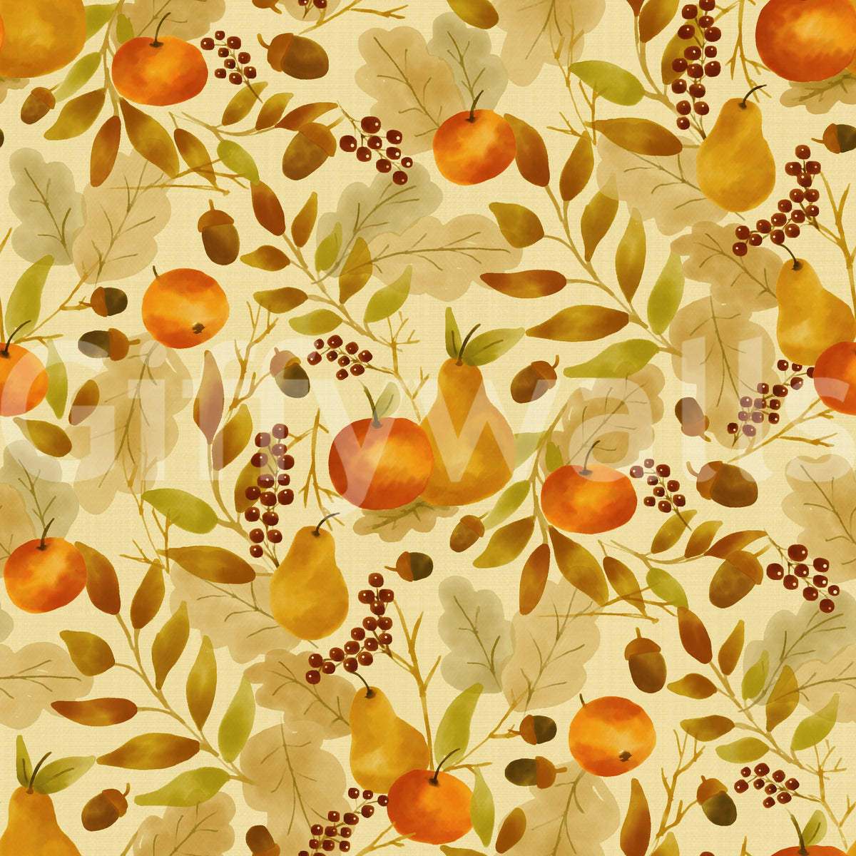 Watercolor Autumn Fruit Leaves Golden Yellow Harvest Pattern Wallpaper