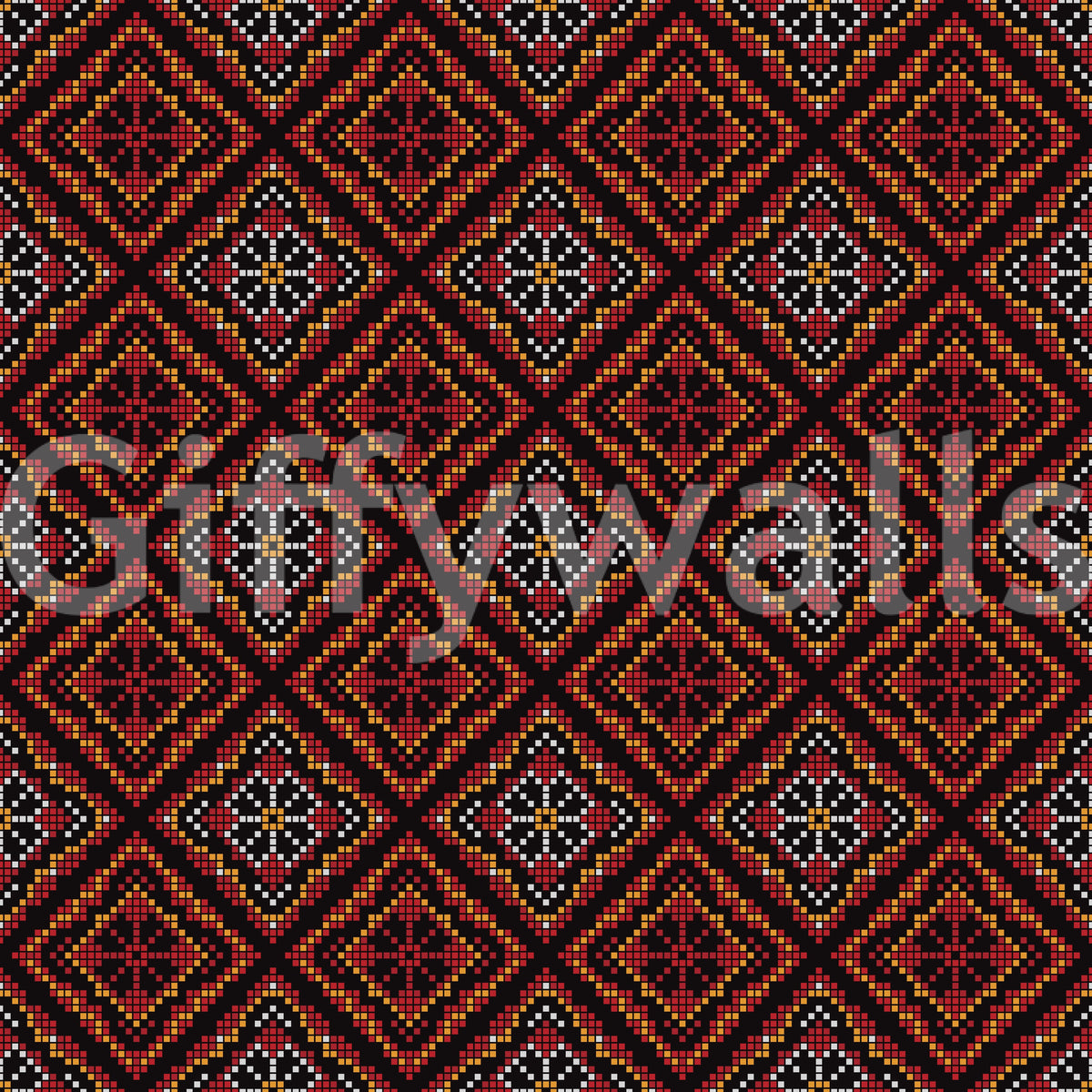Dark Ethnic Mosaic Grid Motif Wallpaper