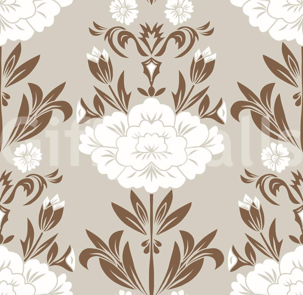 Cream and Brown Floral Damask Wallpaper