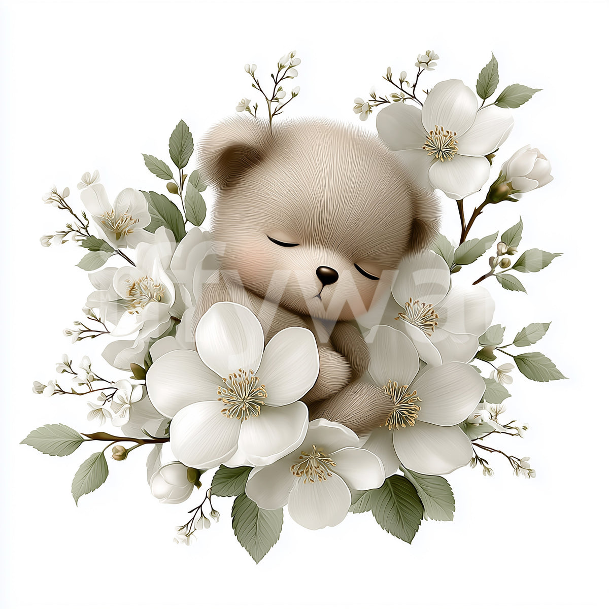 Sleeping Bear in White Blossom Wall Mural