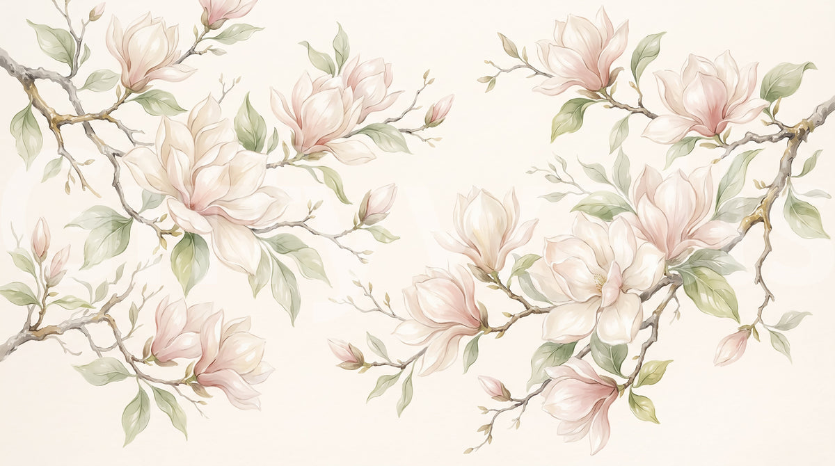 Soft Watercolor Magnolia Branches Wall Mural
