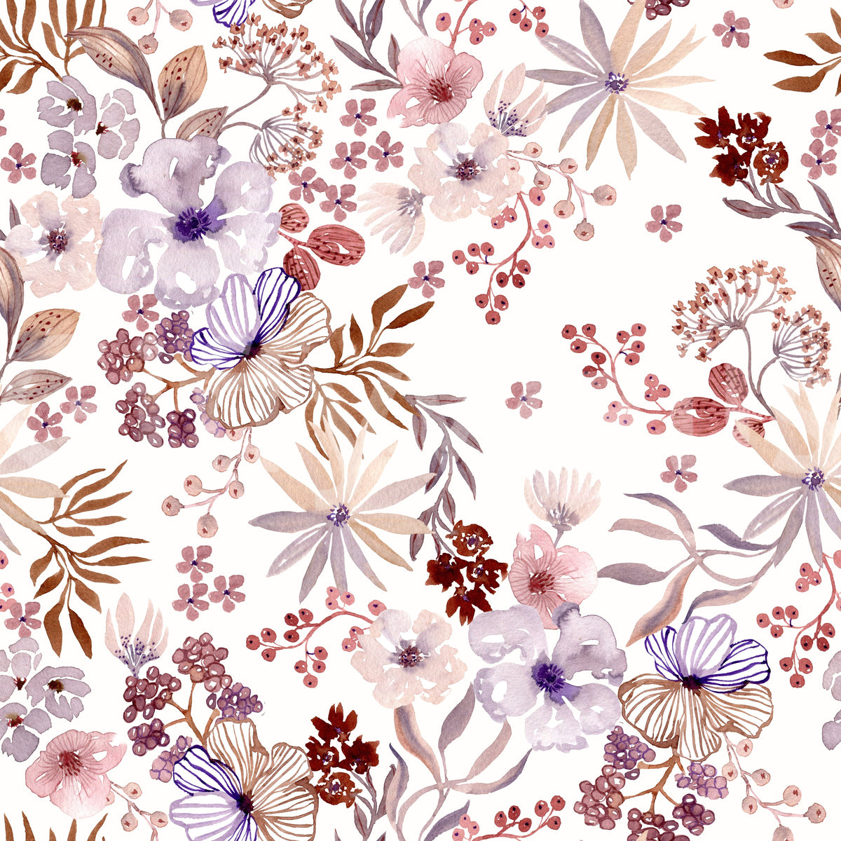 Boho Mauve Botanical Sketch Wallpaper