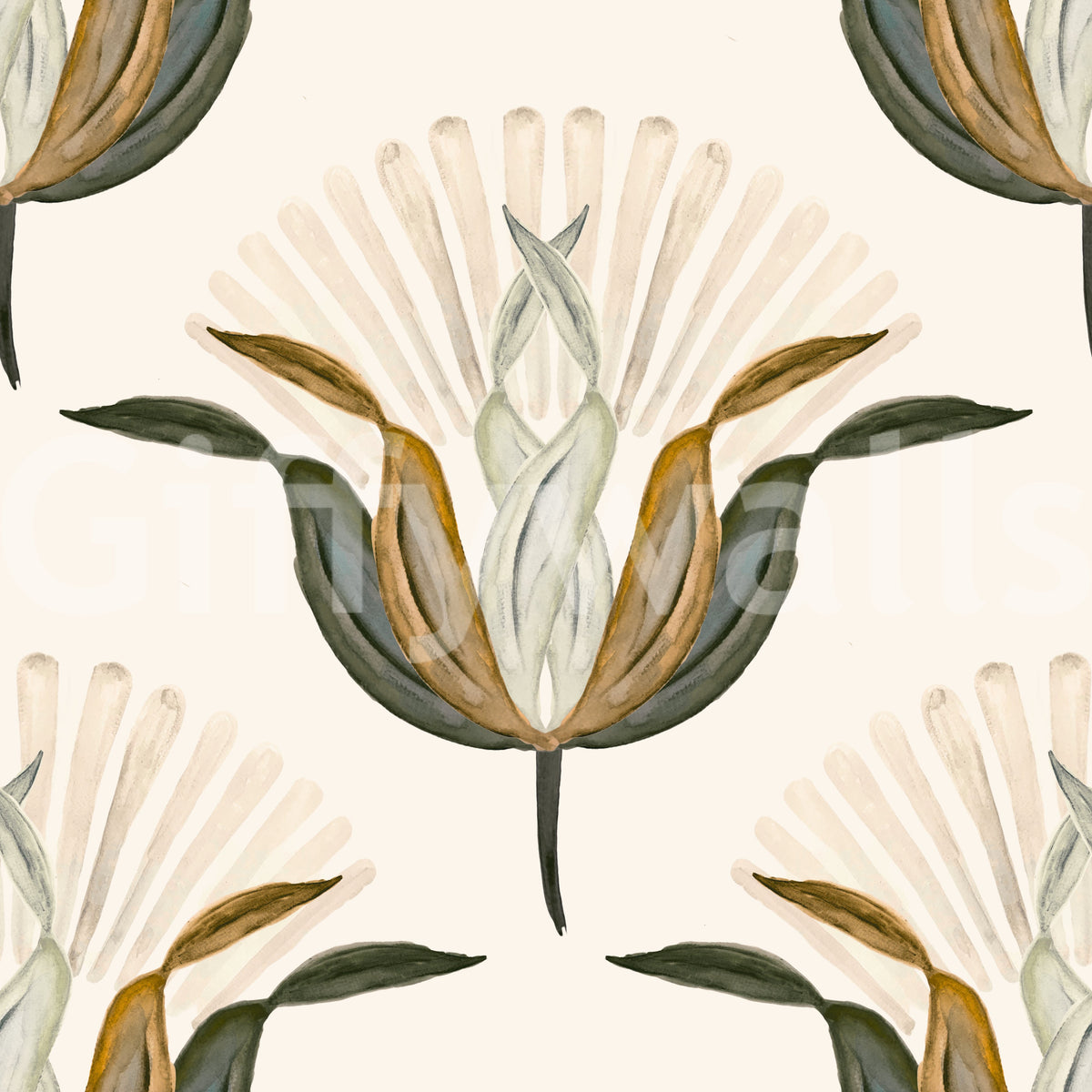 Green and Brass Lotus Flowers Wallpaper