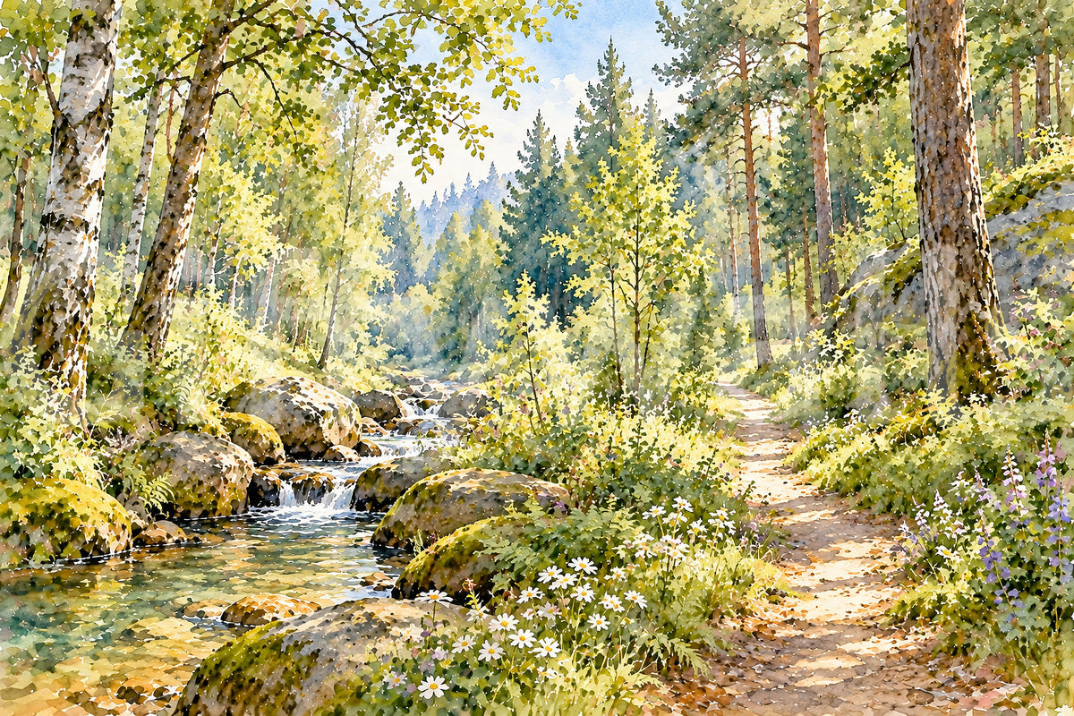 Sunlit Forest Stream Meadow Wall Mural