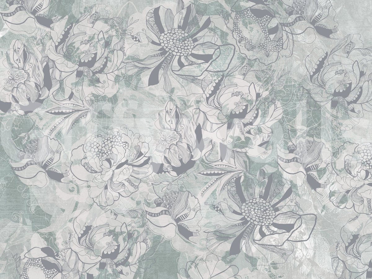 Misty Slate Ice Teal Botanical Floral Wall Mural Wall Mural