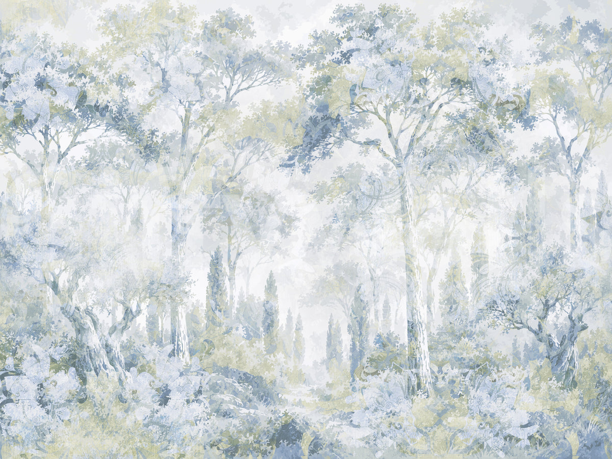 Misty Icy Blue Tuscan Forest Path wall mural