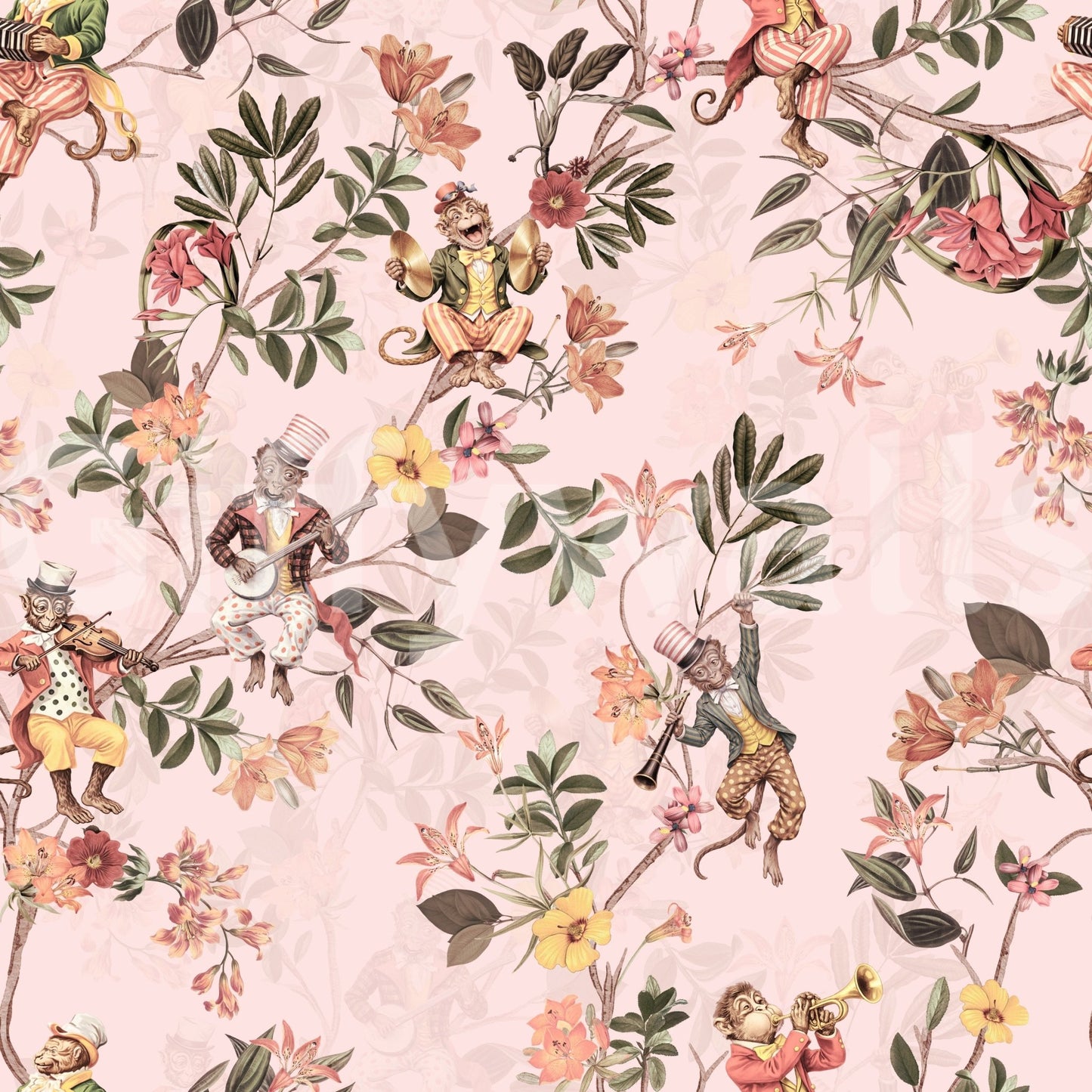 Whimsical Monkeys Playing Music Vintage Exotic Fun Garden pink Wallpaper