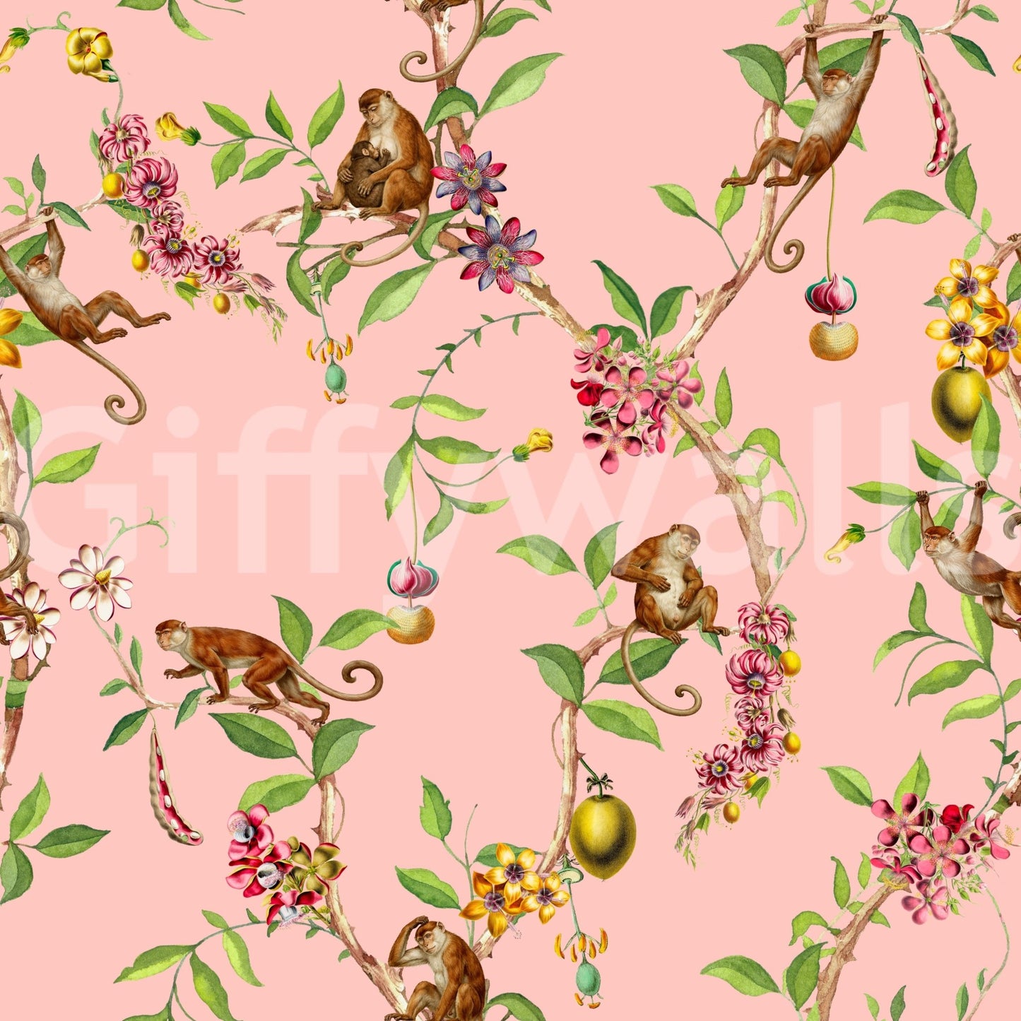 Whimsical Playing Monkeys Family Vintage Exotic Garden pink Wallpaper