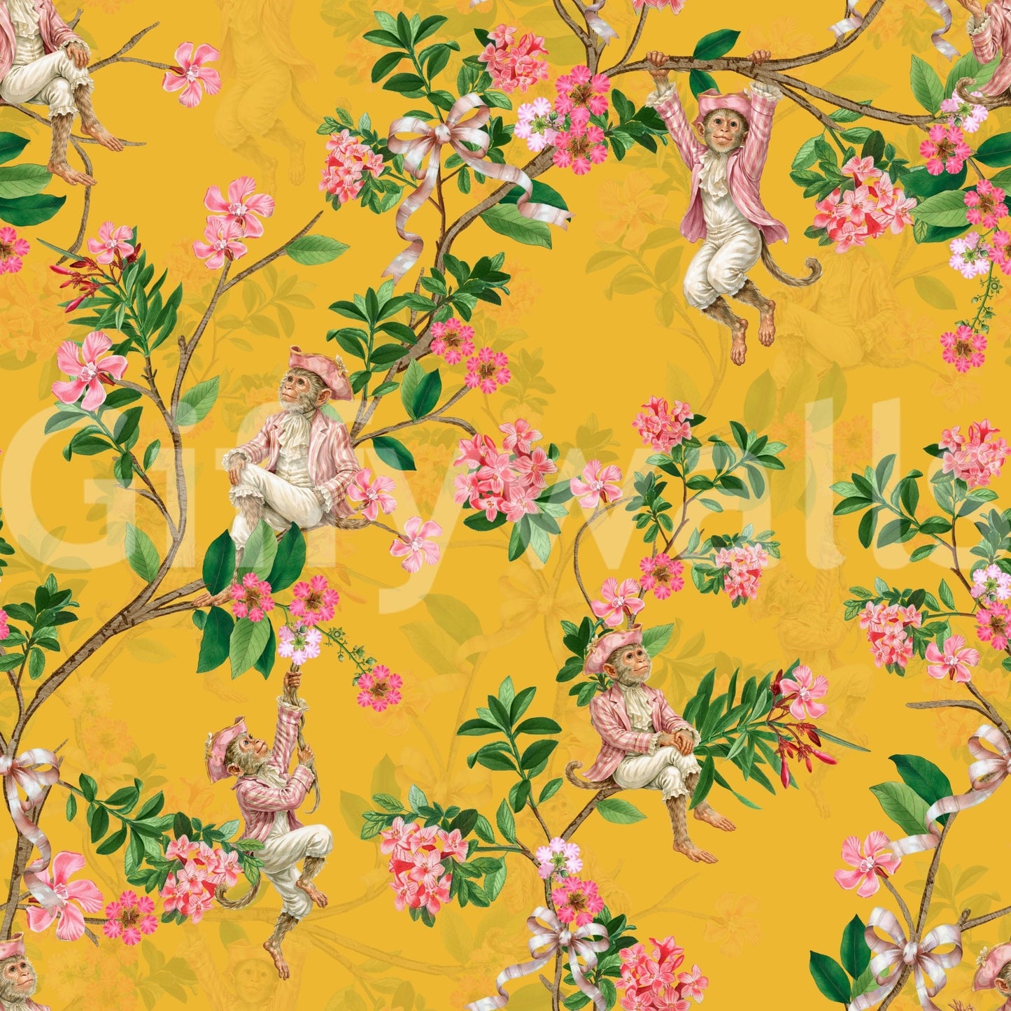 Whimsical Rococo Monkeys Wine Festival Vintage Aristocratic Vineyard Garden Party yellow Wallpaper