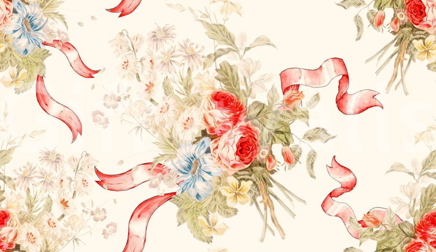 Light-hearted rose mural with bold florals and pastel tones.