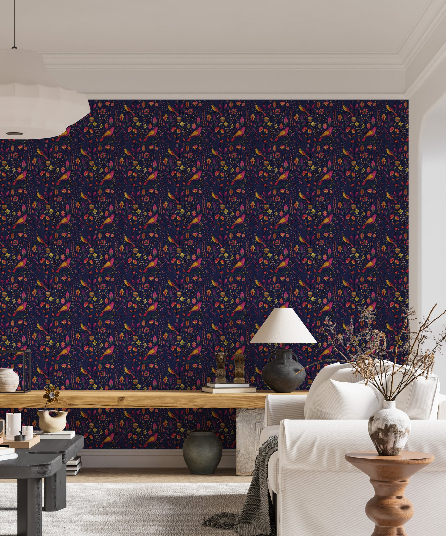 Whimsical Songbird Garden Navy Wallpaper