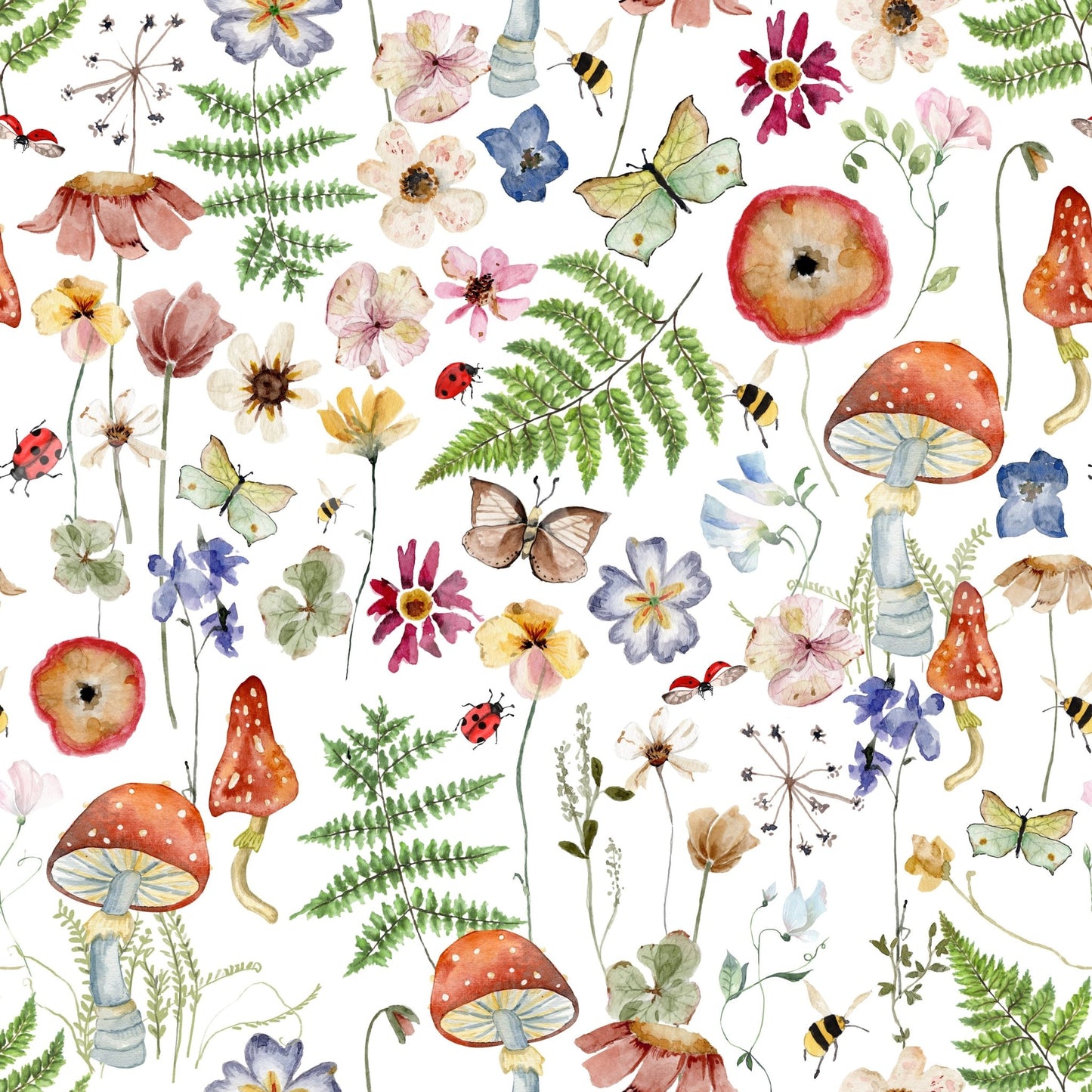 Whimsical Watercolor Meadow wallpaper close-up showing red toadstools, ferns, butterflies and ladybirds on white