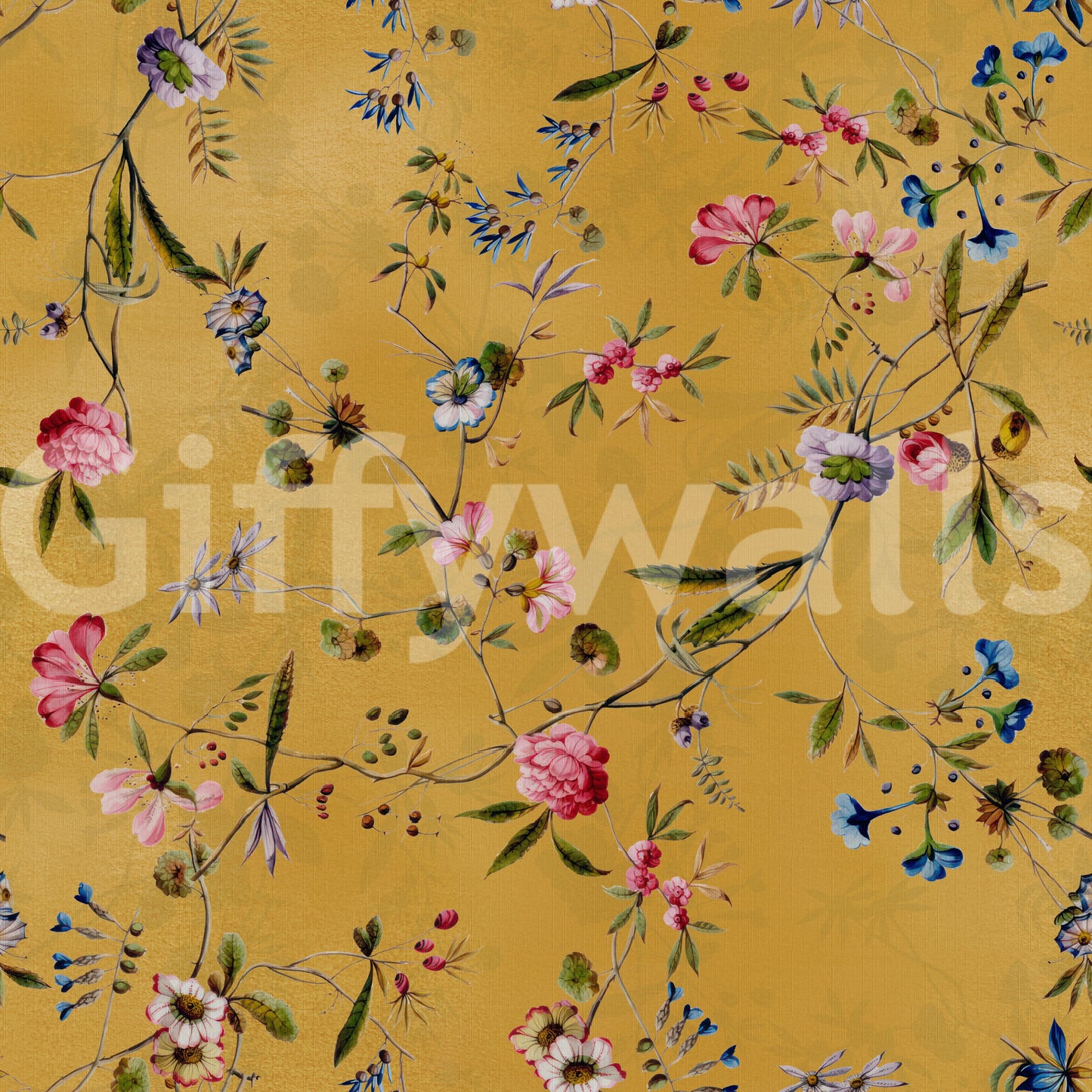 Pastel wallpaper with floral branches and fluttering details.
