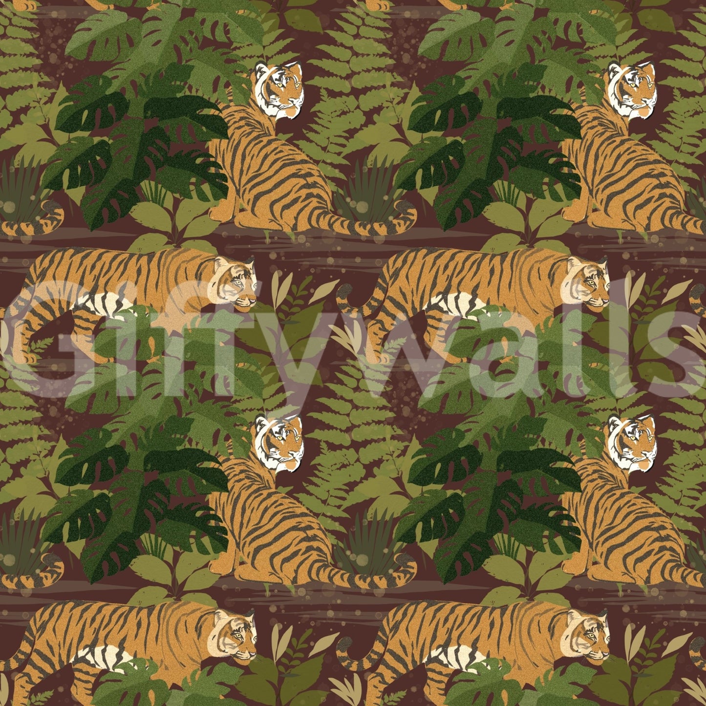 Jungle animal wallpaper with tigers and bold monstera shapes