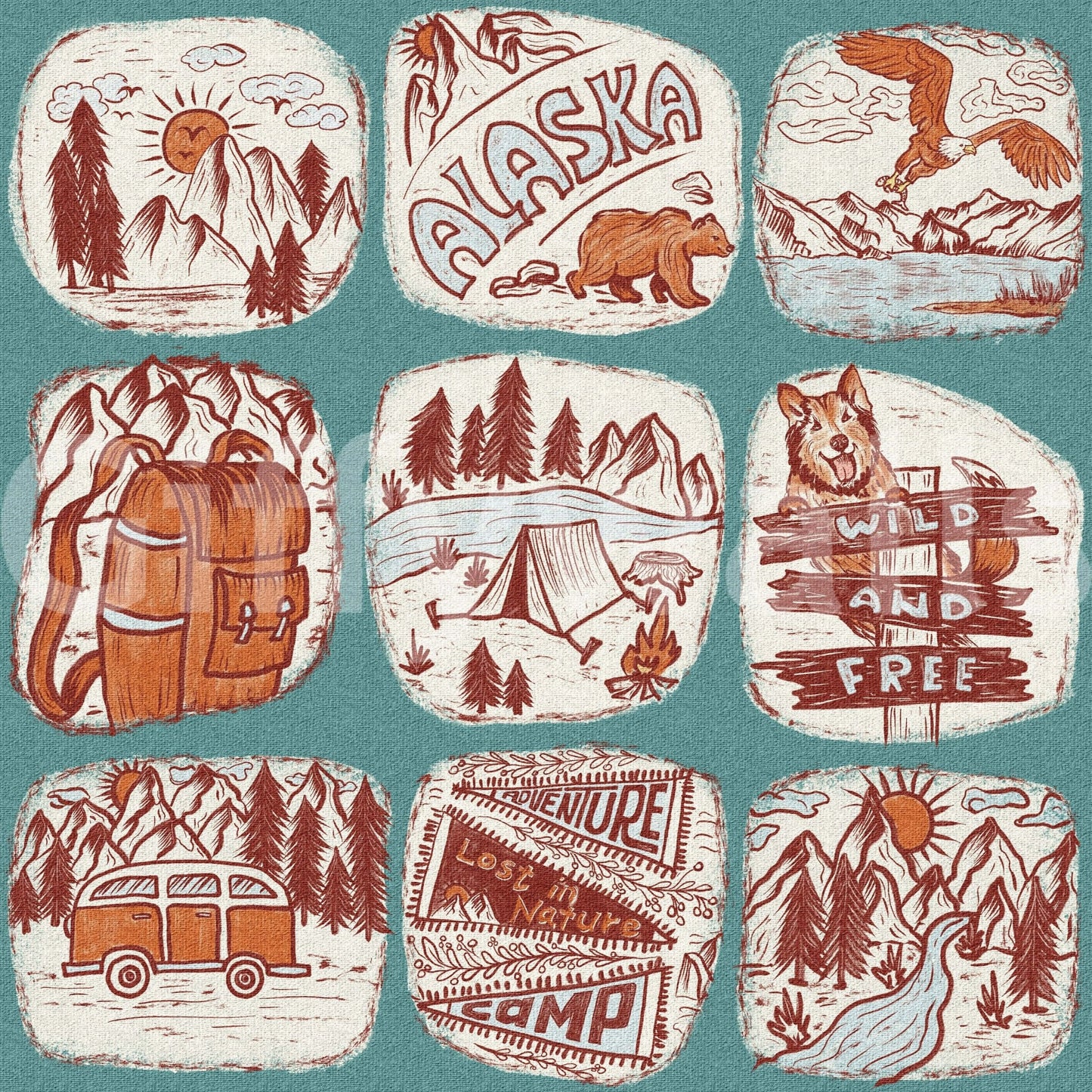 Hand-drawn wilderness wallpaper combining mountain views, animals, and forest details.