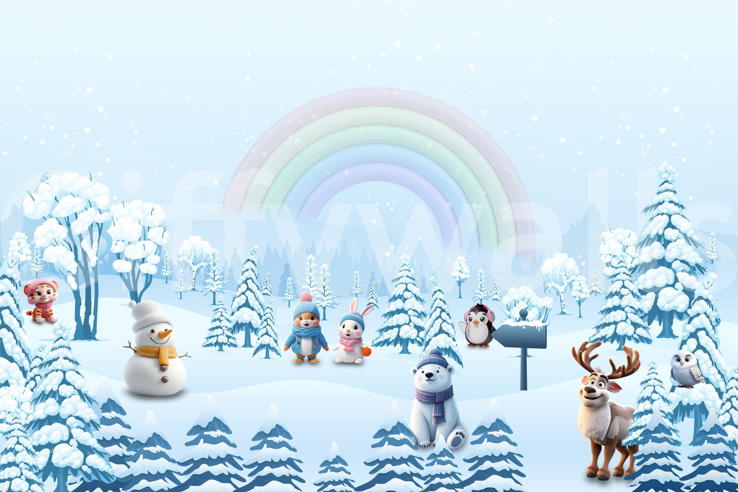 Kids playroom wall with winter friends rainbow mural, modern décor.
