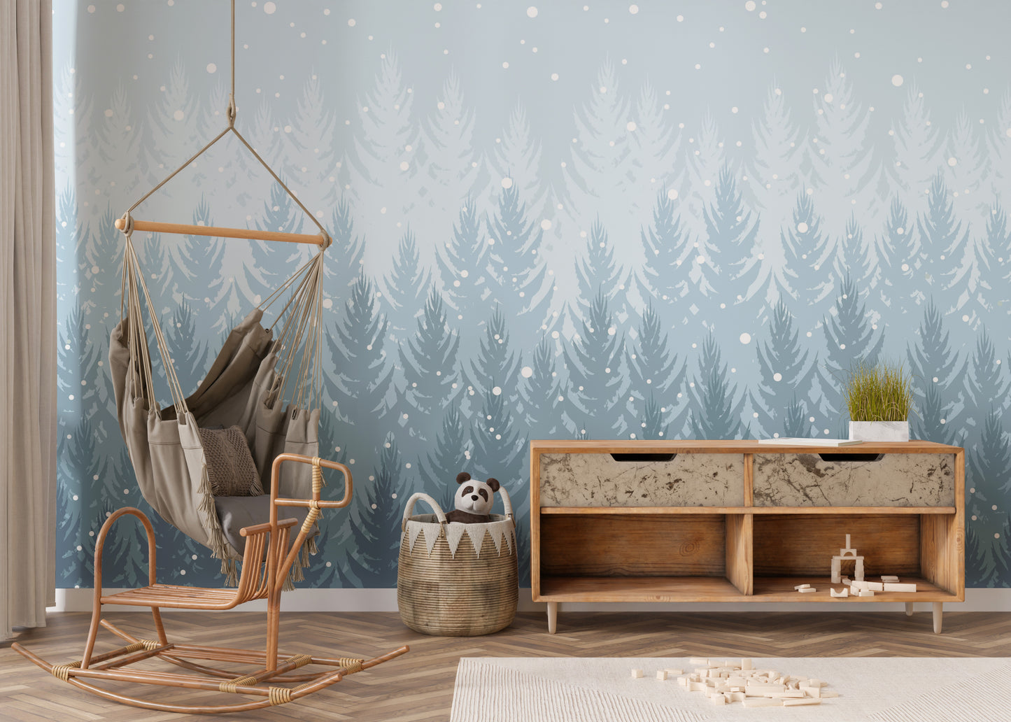 Peaceful snowy pines wallpaper design