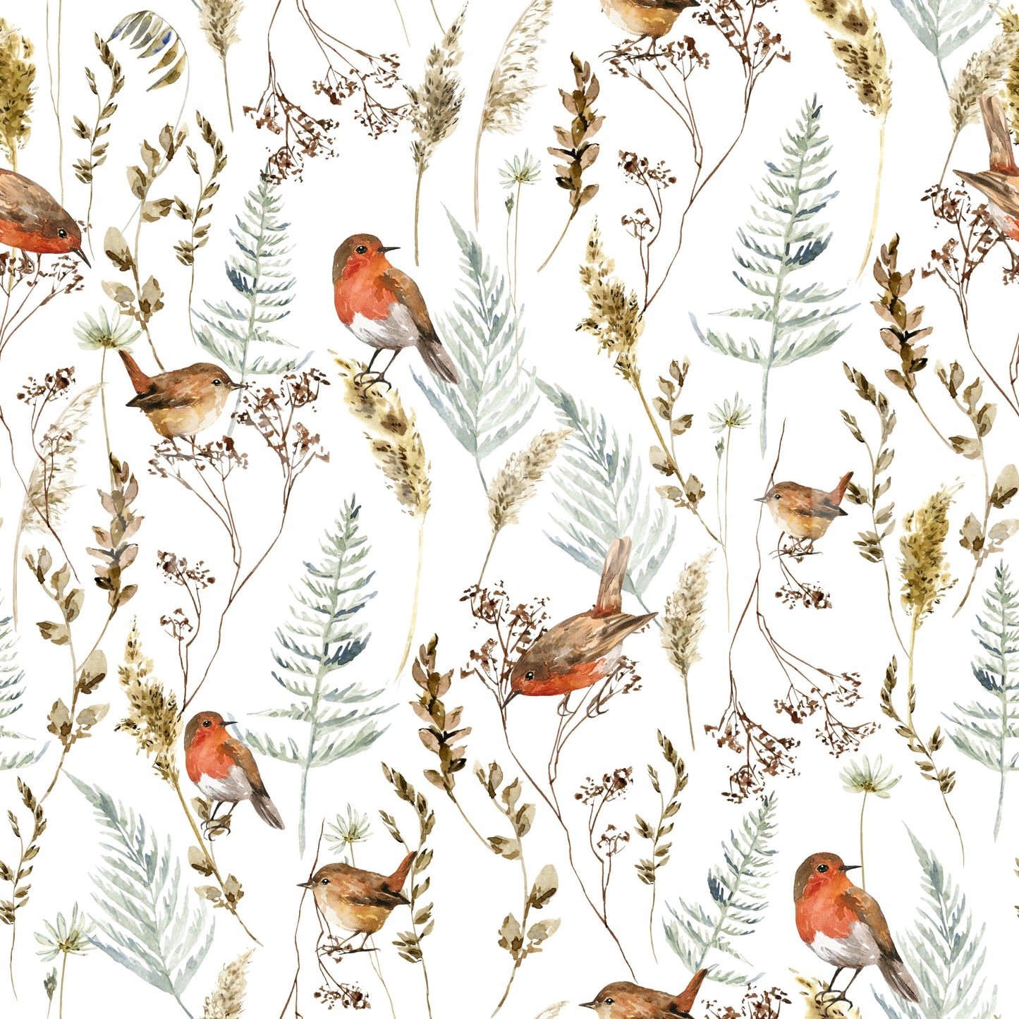 Winter bird wallpaper for powder room, subtle pattern, soft neutral colors