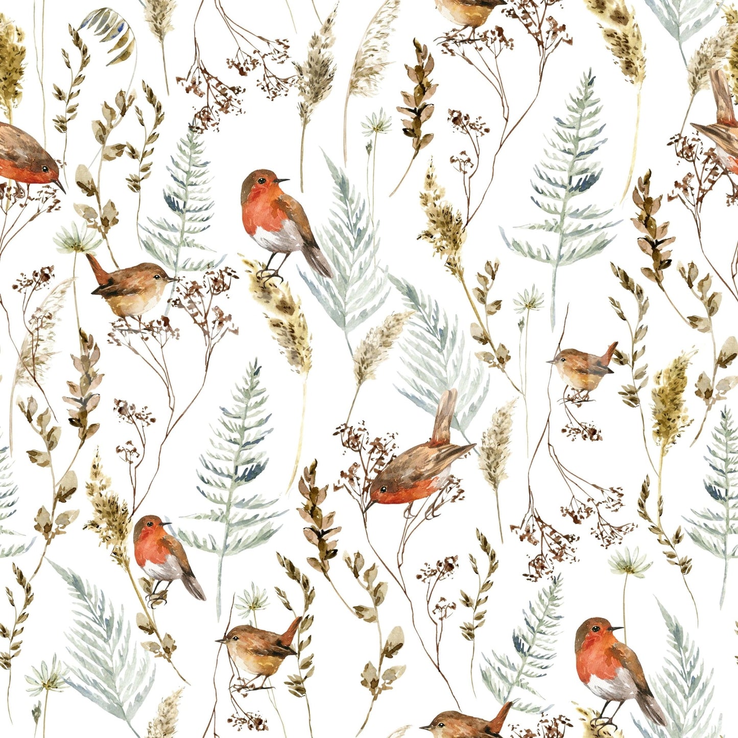 Winter bird wallpaper for powder room, subtle pattern, soft neutral colors